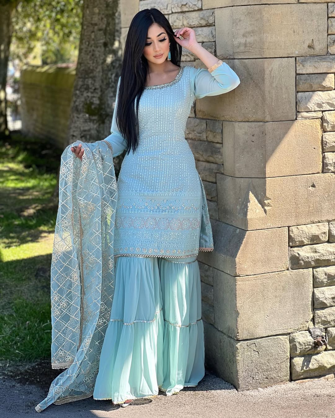 Teeya Creation Sky Colour Chinon Silk Heavy Embroidery Work Fully Stitched Salwar Suit