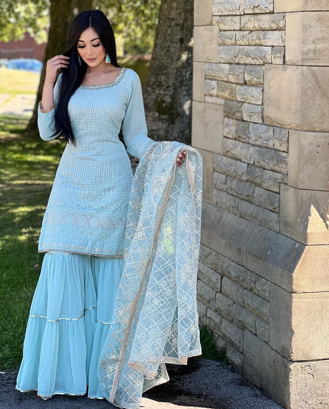 Teeya Creation Sky Colour Chinon Silk Heavy Embroidery Work Fully Stitched Salwar Suit