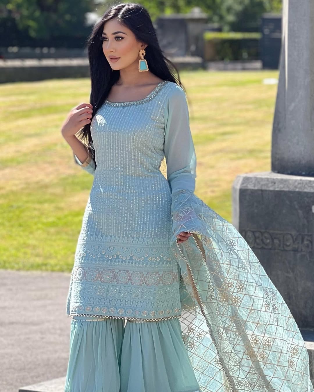 Teeya Creation Sky Colour Chinon Silk Heavy Embroidery Work Fully Stitched Salwar Suit