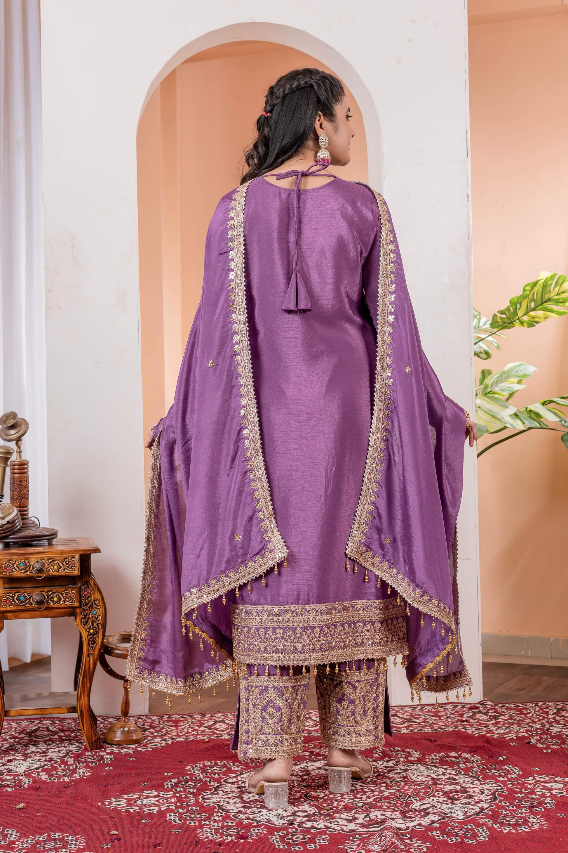 Teeya Creation Lavender Color Chinon Silk Heavy Embroidery Work Fully Stitched Salwar Suit