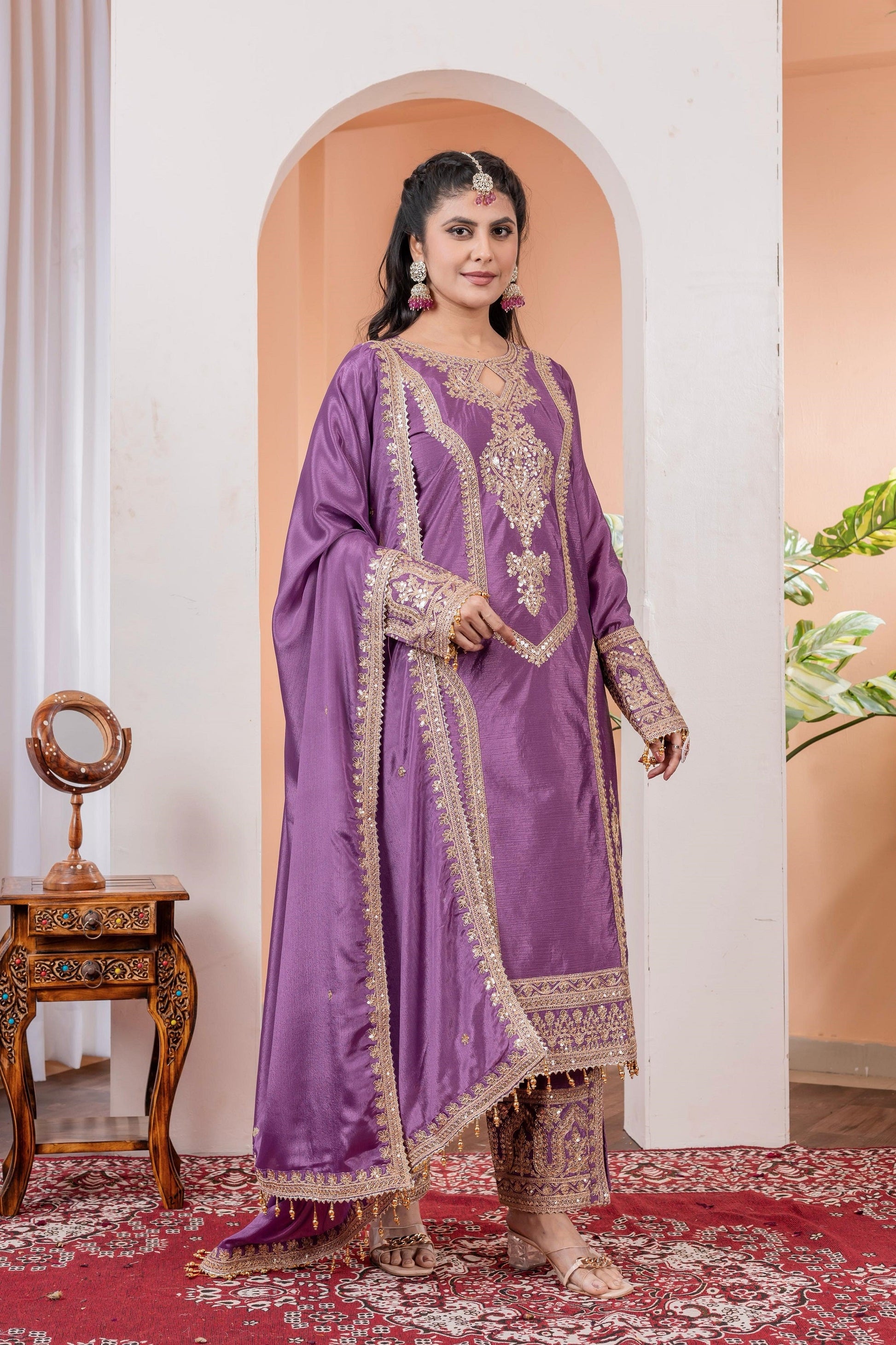 Teeya Creation Lavender Color Chinon Silk Heavy Embroidery Work Fully Stitched Salwar Suit