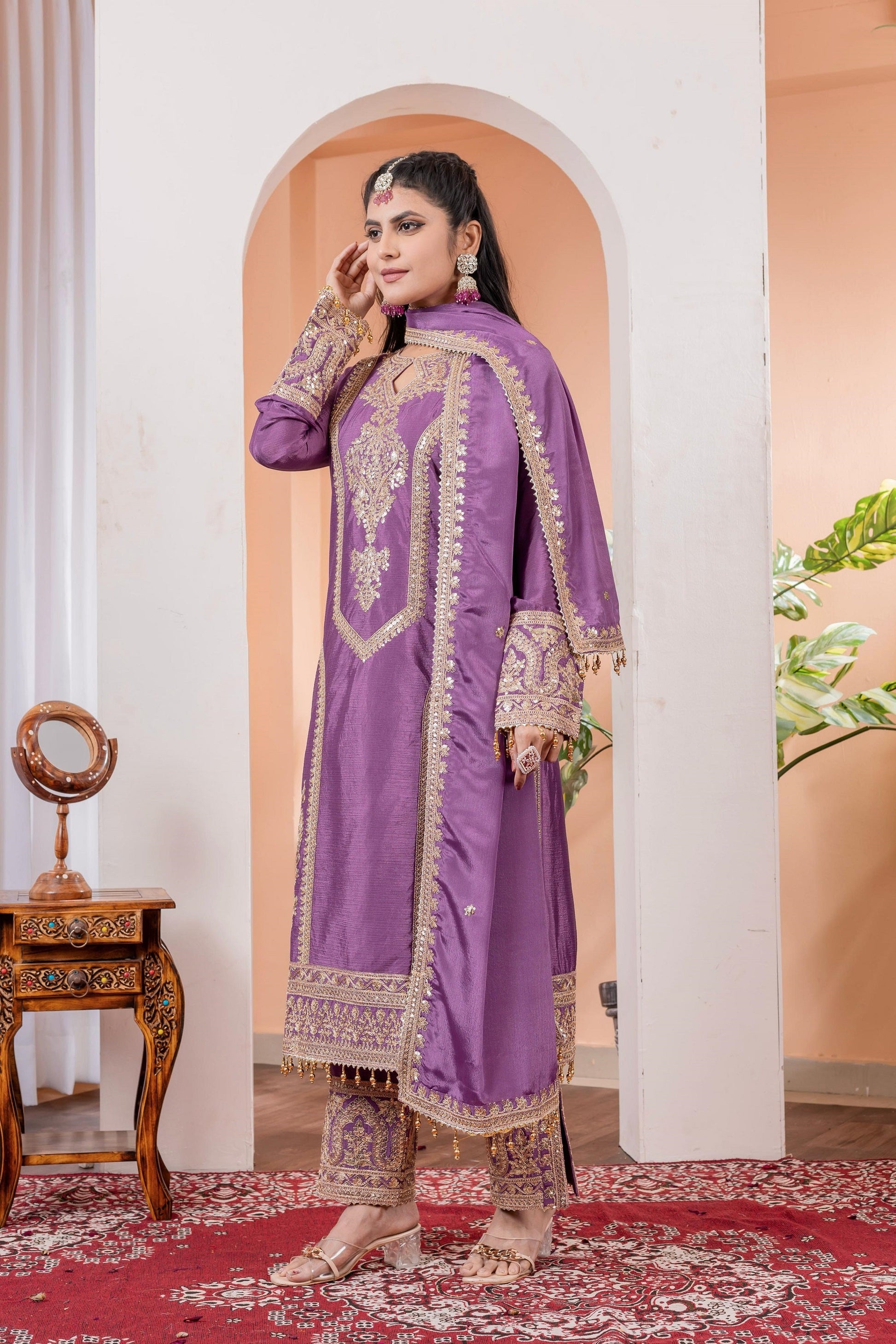 Teeya Creation Lavender Color Chinon Silk Heavy Embroidery Work Fully Stitched Salwar Suit