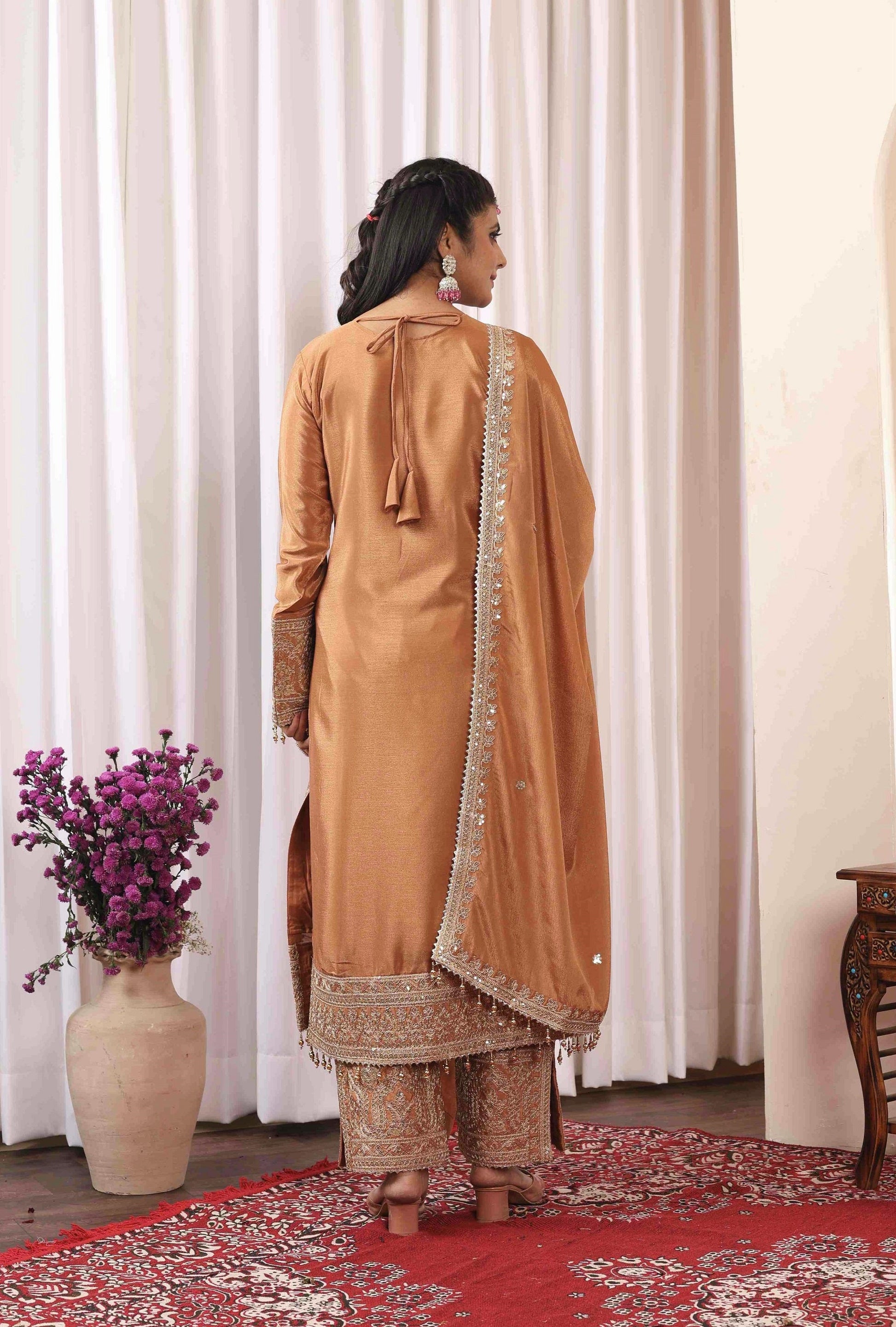 Teeya Creation Peach Color Chinon Silk Heavy Embroidery Work Fully Stitched Salwar Suit