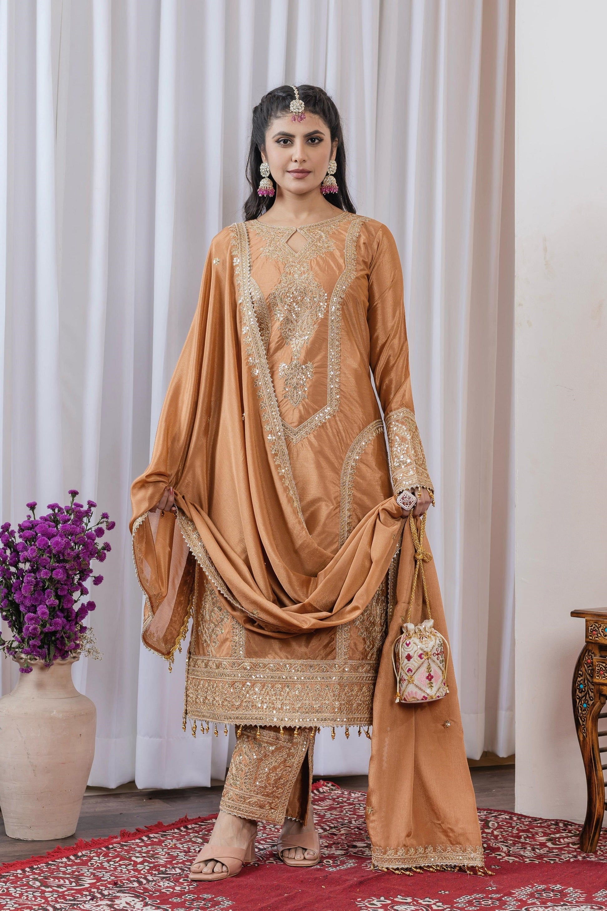 Teeya Creation Peach Color Chinon Silk Heavy Embroidery Work Fully Stitched Salwar Suit
