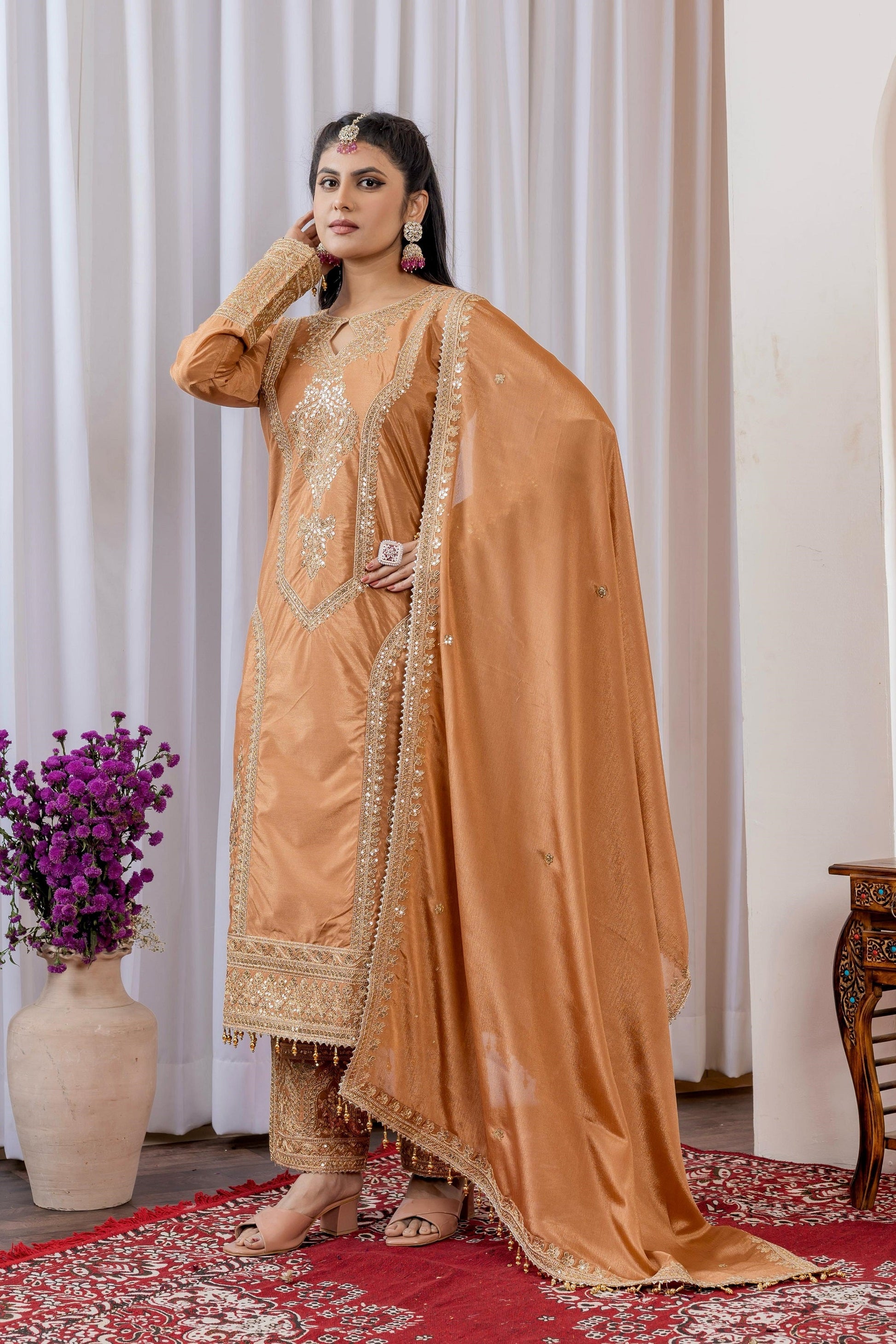 Teeya Creation Peach Color Chinon Silk Heavy Embroidery Work Fully Stitched Salwar Suit