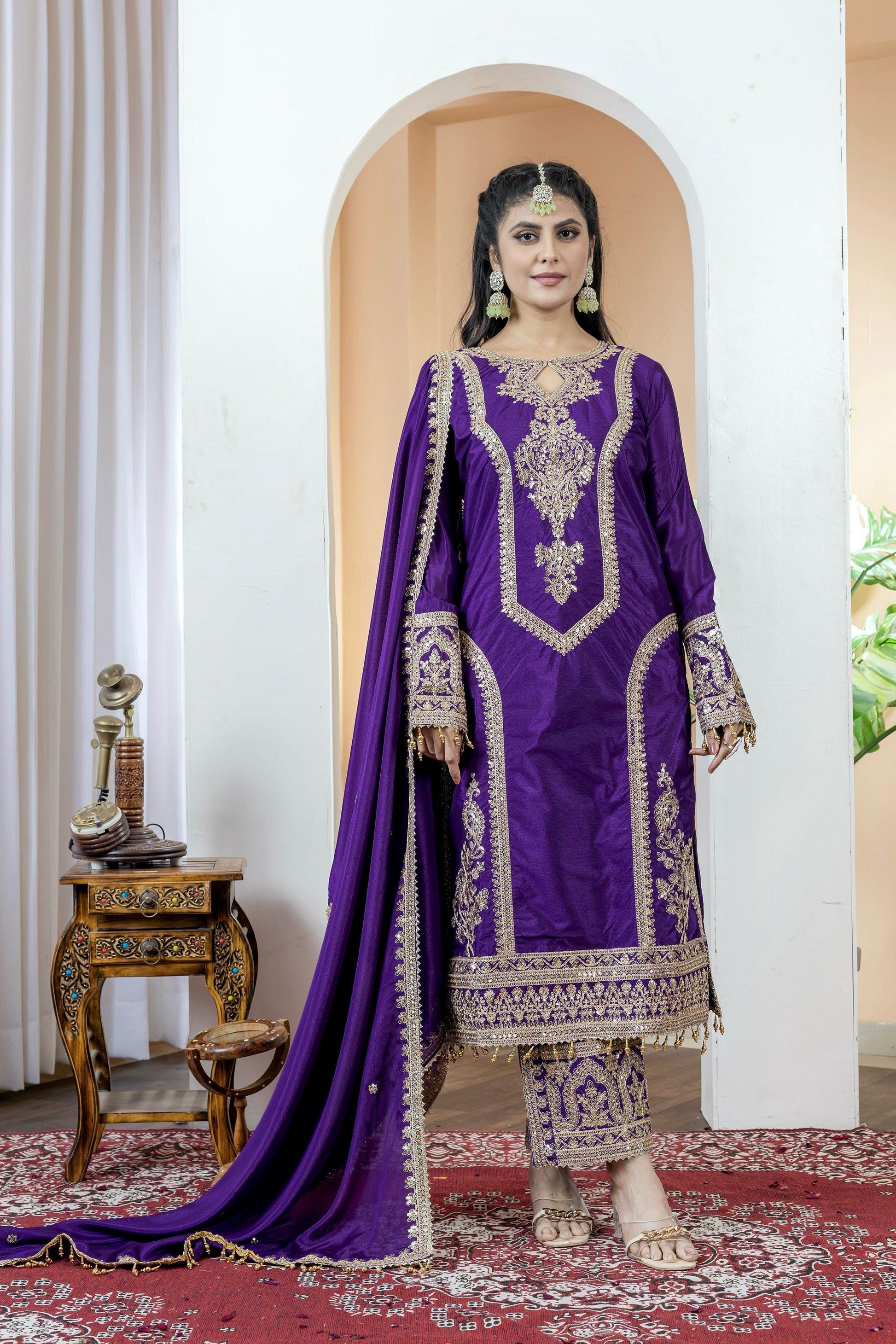 Teeya Creation Purple Color Chinon Silk Heavy Embroidery Work Fully Stitched Salwar Suit