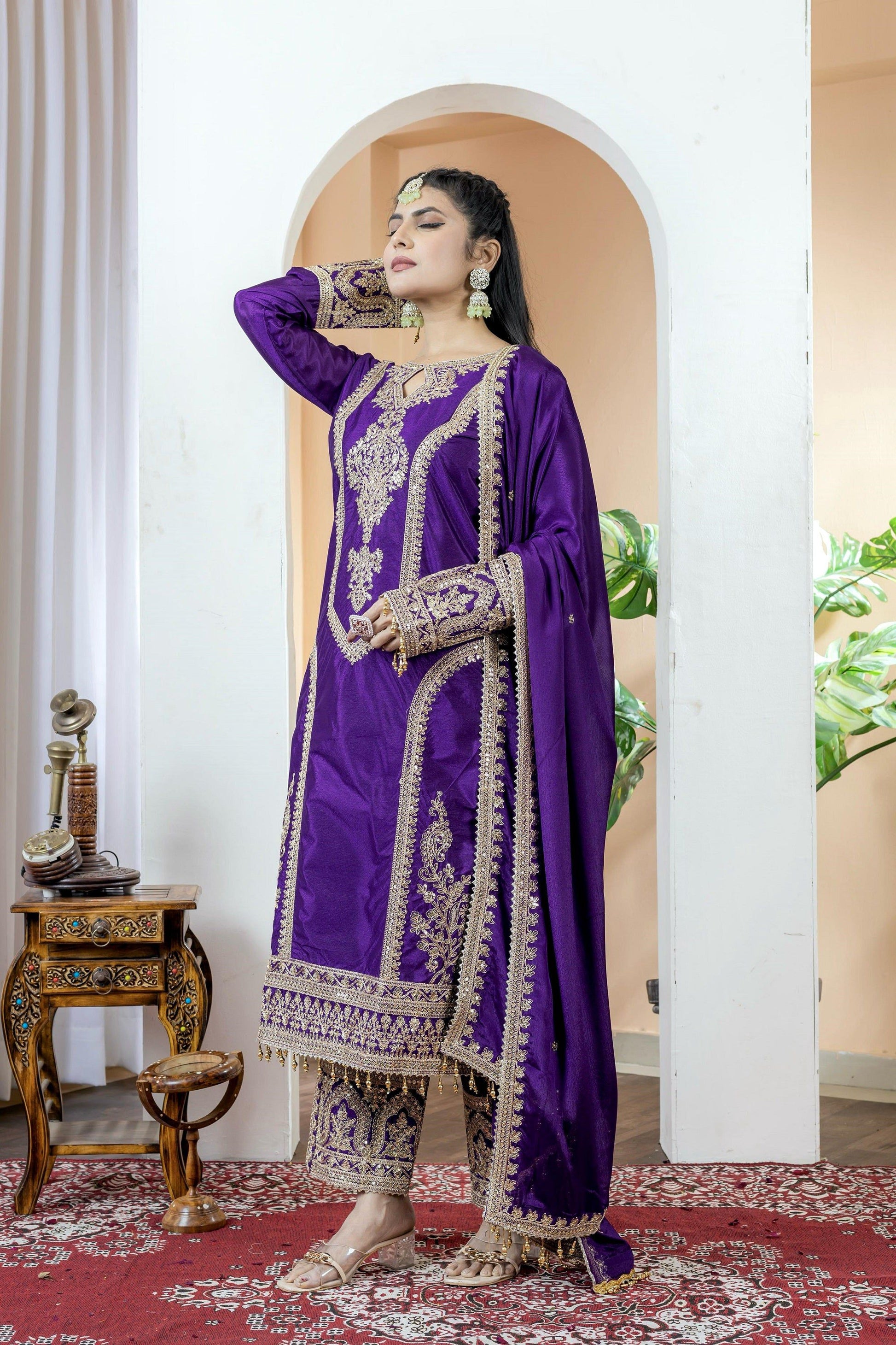 Teeya Creation Purple Color Chinon Silk Heavy Embroidery Work Fully Stitched Salwar Suit