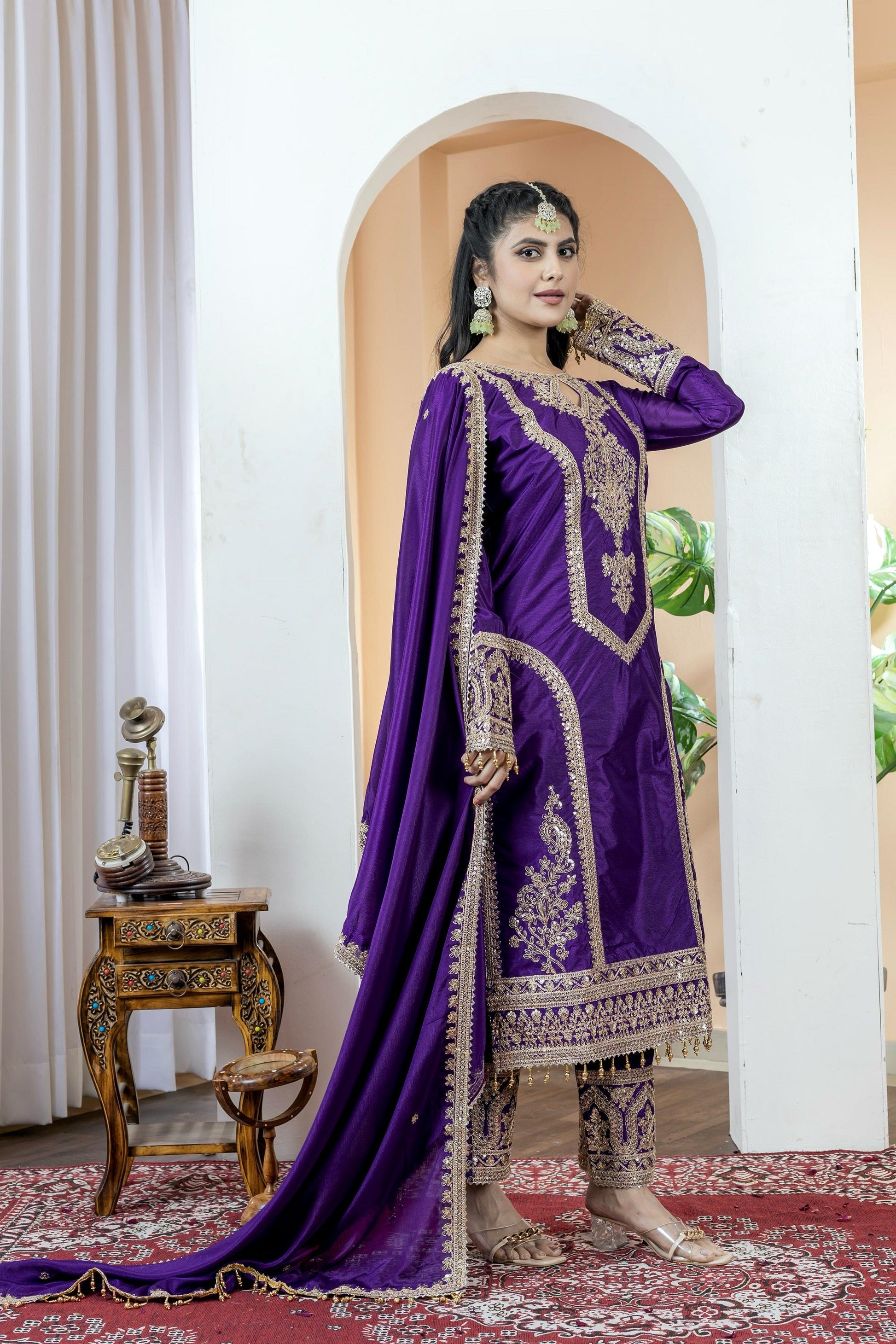 Teeya Creation Purple Color Chinon Silk Heavy Embroidery Work Fully Stitched Salwar Suit