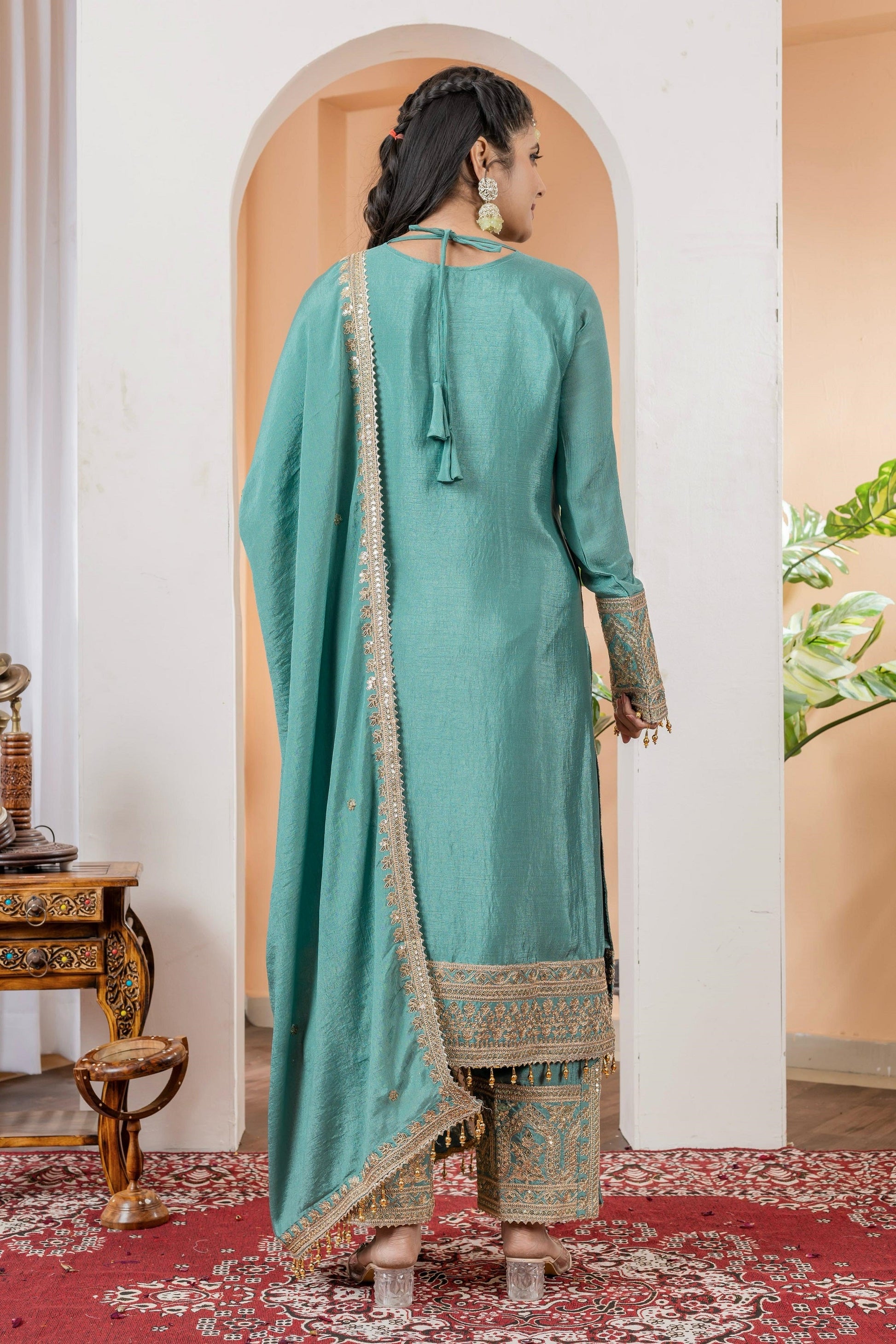 Teeya Creation Turquoise Color Chinon Silk Heavy Embroidery Work Fully Stitched Salwar Suit