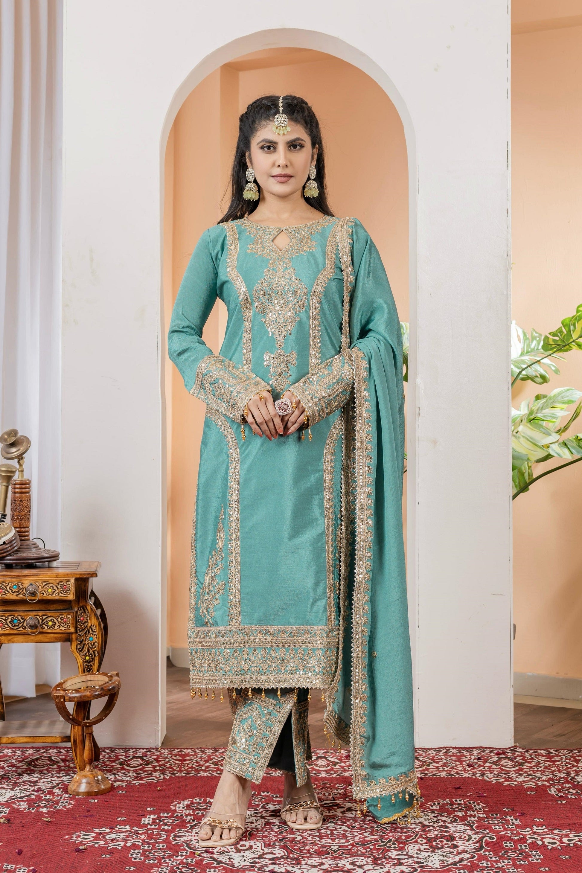 Teeya Creation Turquoise Color Chinon Silk Heavy Embroidery Work Fully Stitched Salwar Suit