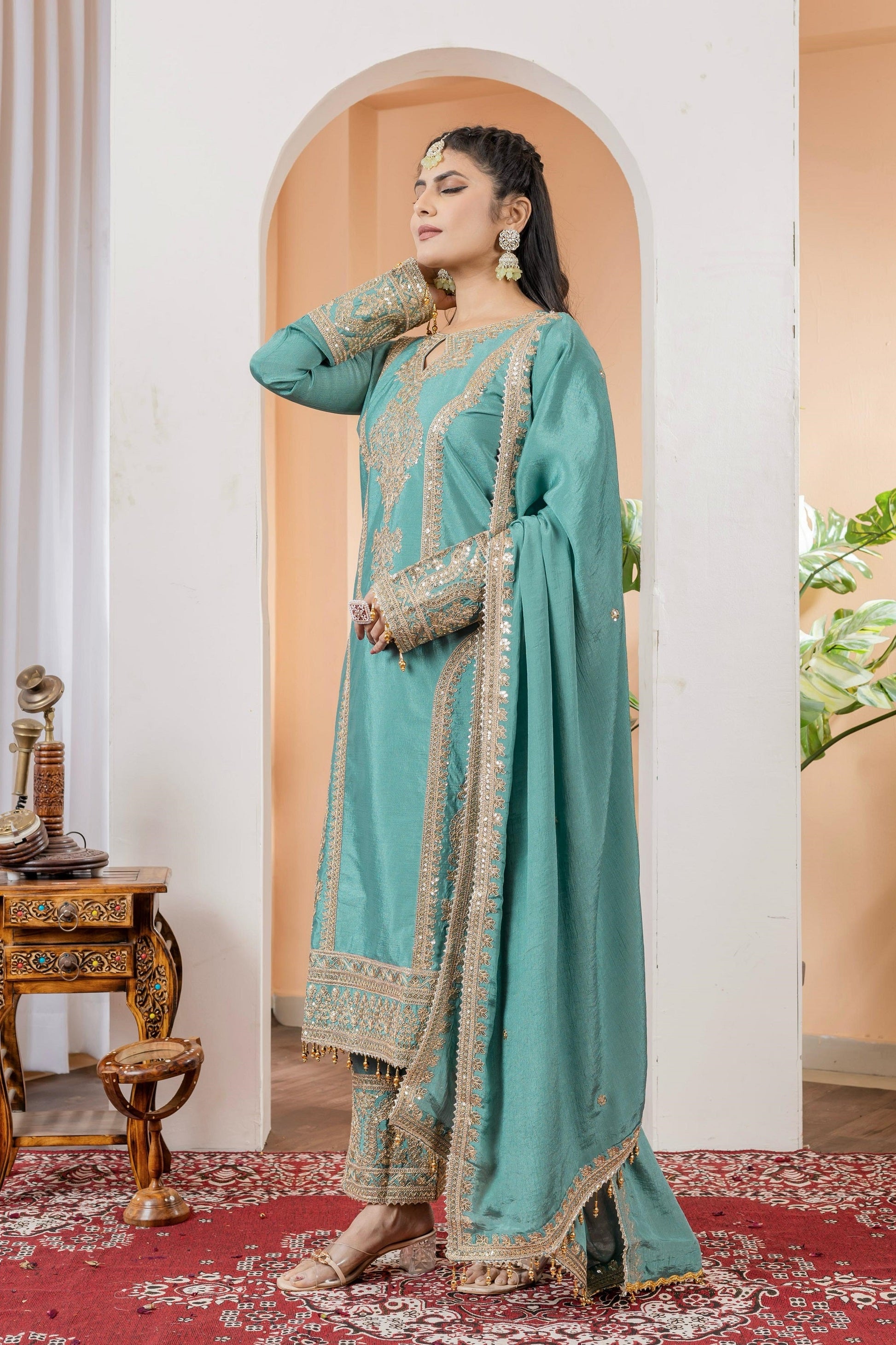 Teeya Creation Turquoise Color Chinon Silk Heavy Embroidery Work Fully Stitched Salwar Suit