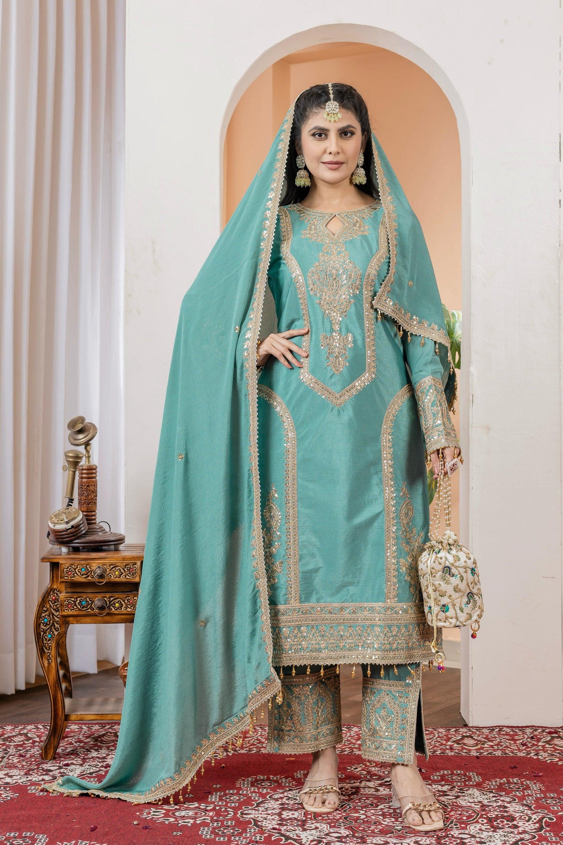 Teeya Creation Turquoise Color Chinon Silk Heavy Embroidery Work Fully Stitched Salwar Suit