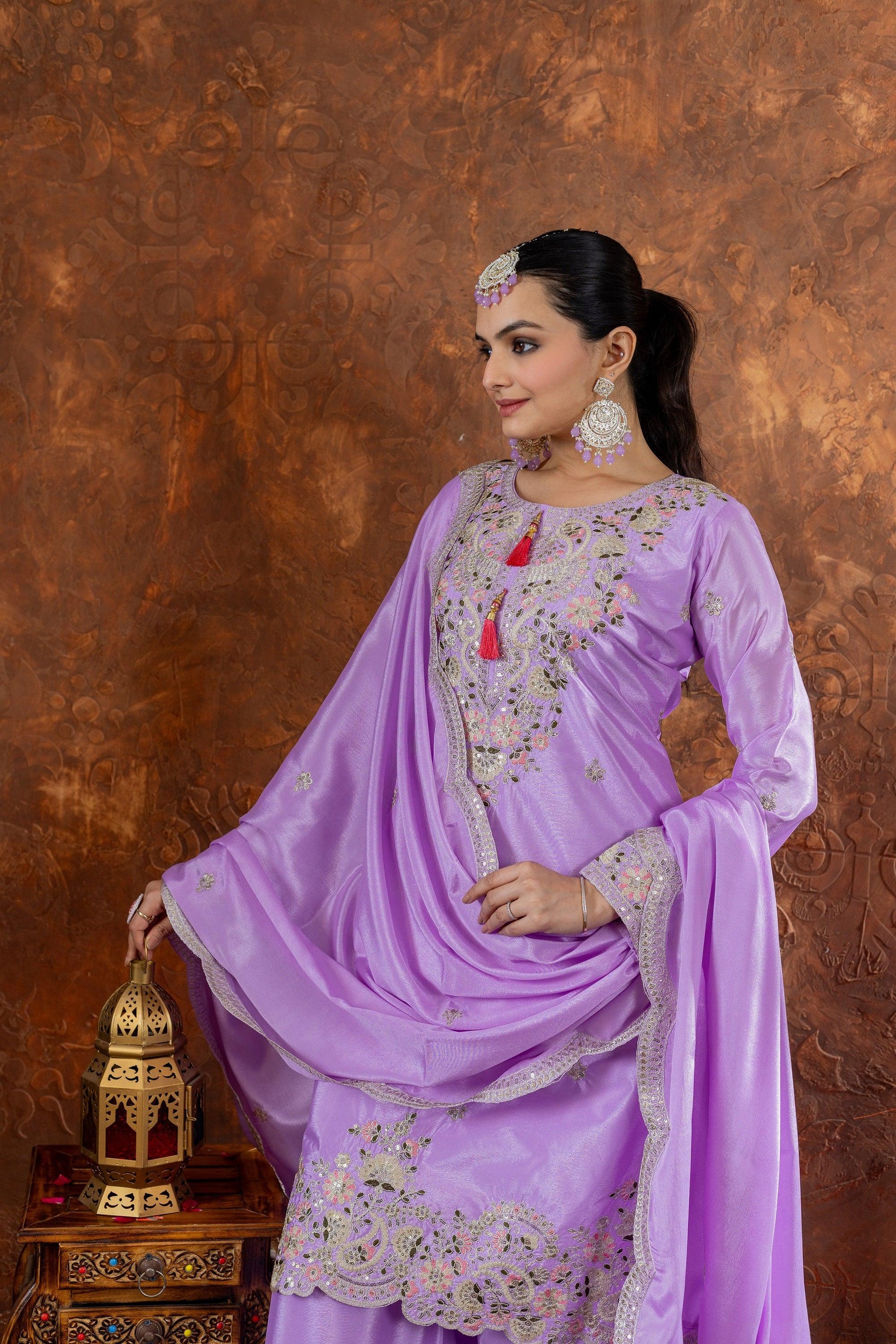Teeya Creation Lavender Color Chinon Silk Heavy Embroidery Work Fully Stitched Salwar Suit