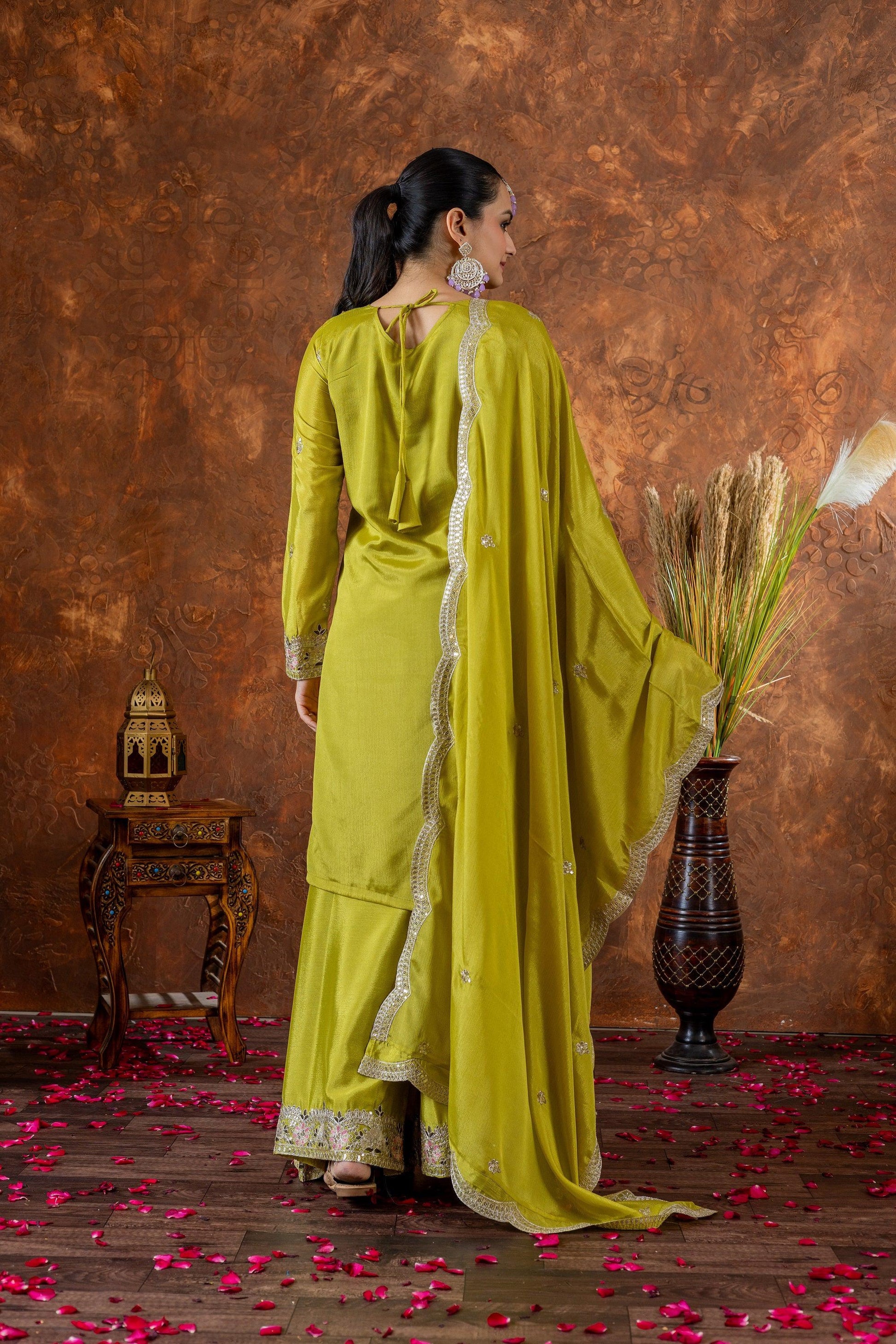 Teeya Creation Olive Color Chinon Silk Heavy Embroidery Work Fully Stitched Salwar Suit