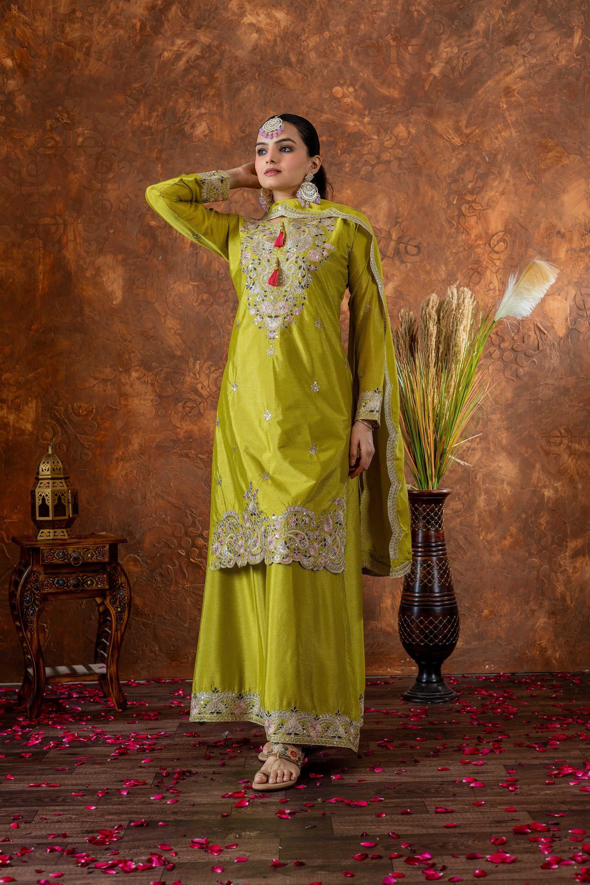 Teeya Creation Olive Color Chinon Silk Heavy Embroidery Work Fully Stitched Salwar Suit
