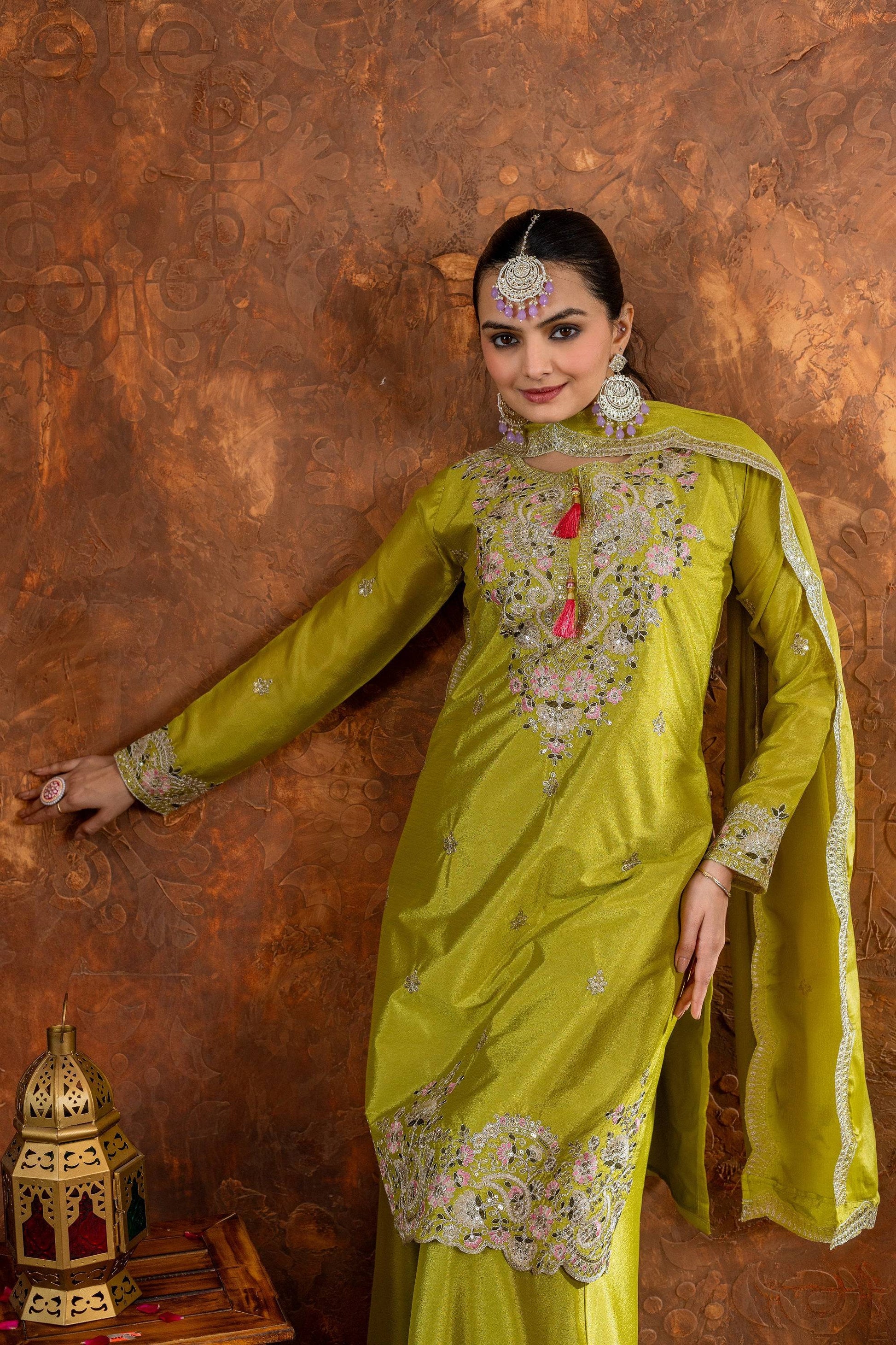 Teeya Creation Olive Color Chinon Silk Heavy Embroidery Work Fully Stitched Salwar Suit