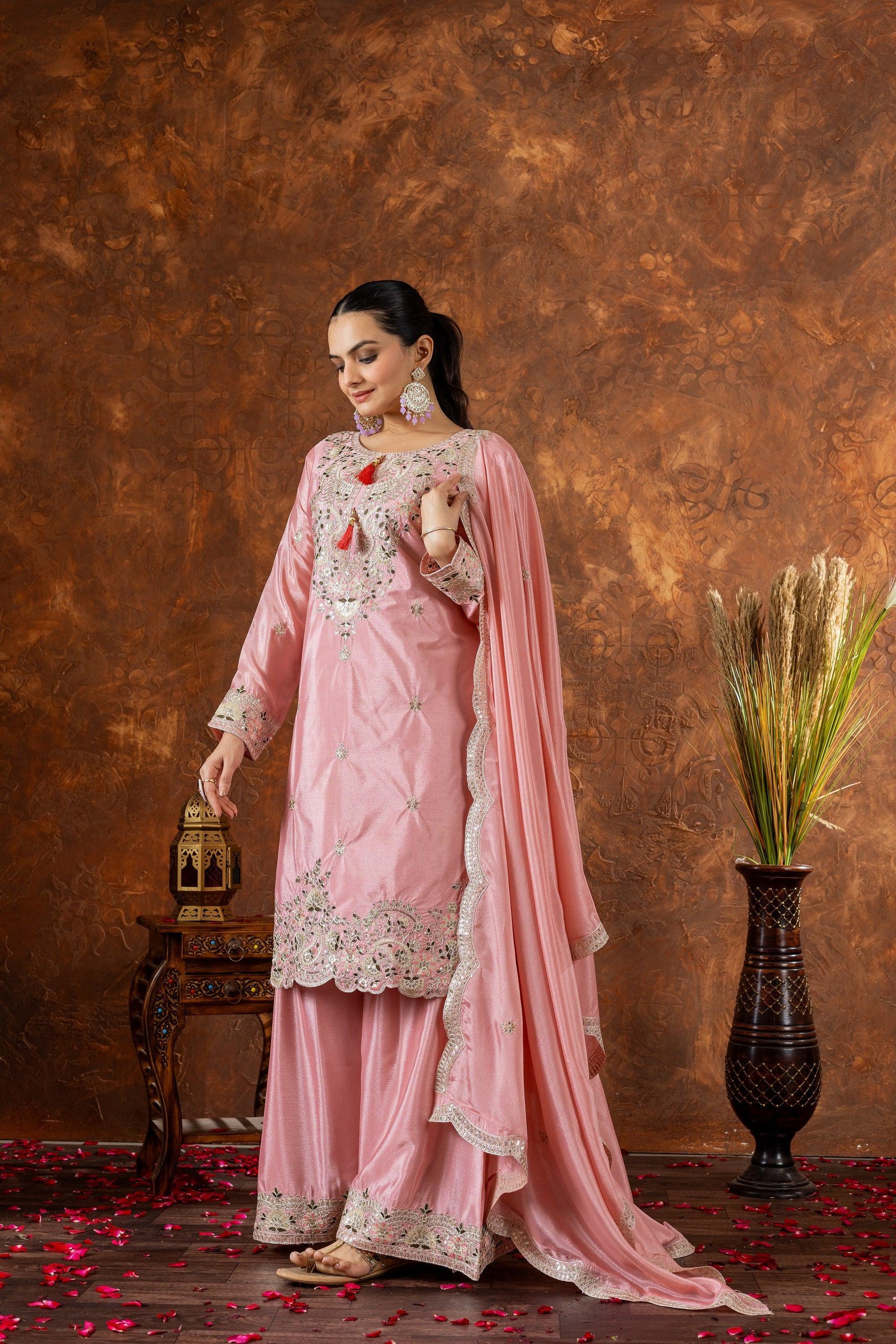 Teeya Creation Peach Color Chinon Silk Heavy Embroidery Work Fully Stitched Salwar Suit
