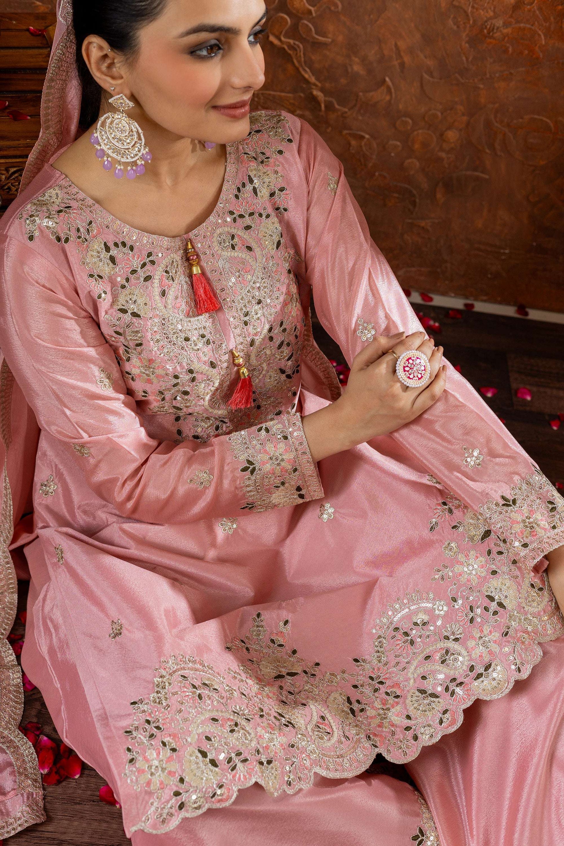 Teeya Creation Peach Color Chinon Silk Heavy Embroidery Work Fully Stitched Salwar Suit