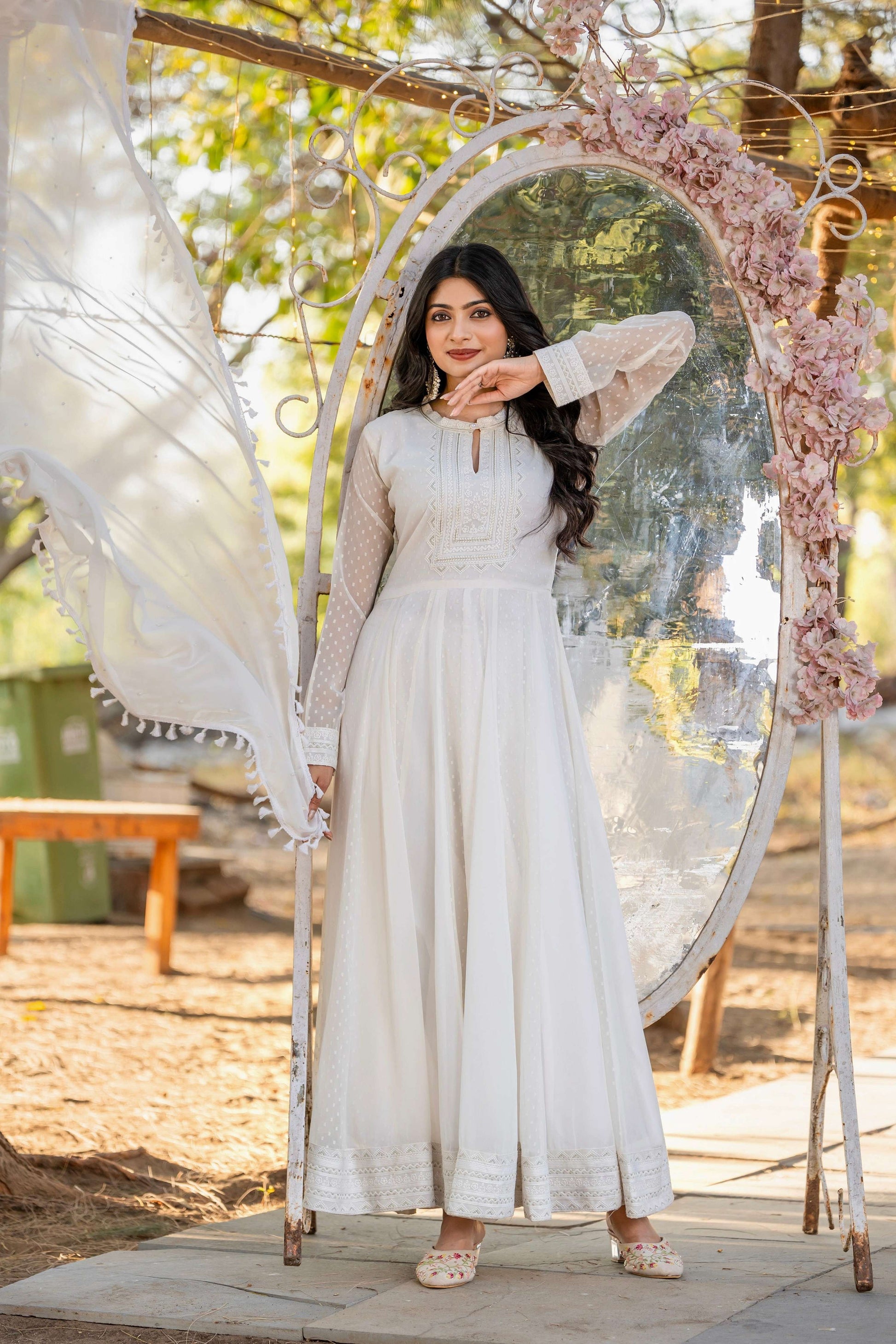 Teeya Creation White Color 1000 Butto Georgette Fabric Heavy embroidery work Fully Stitched Gown
