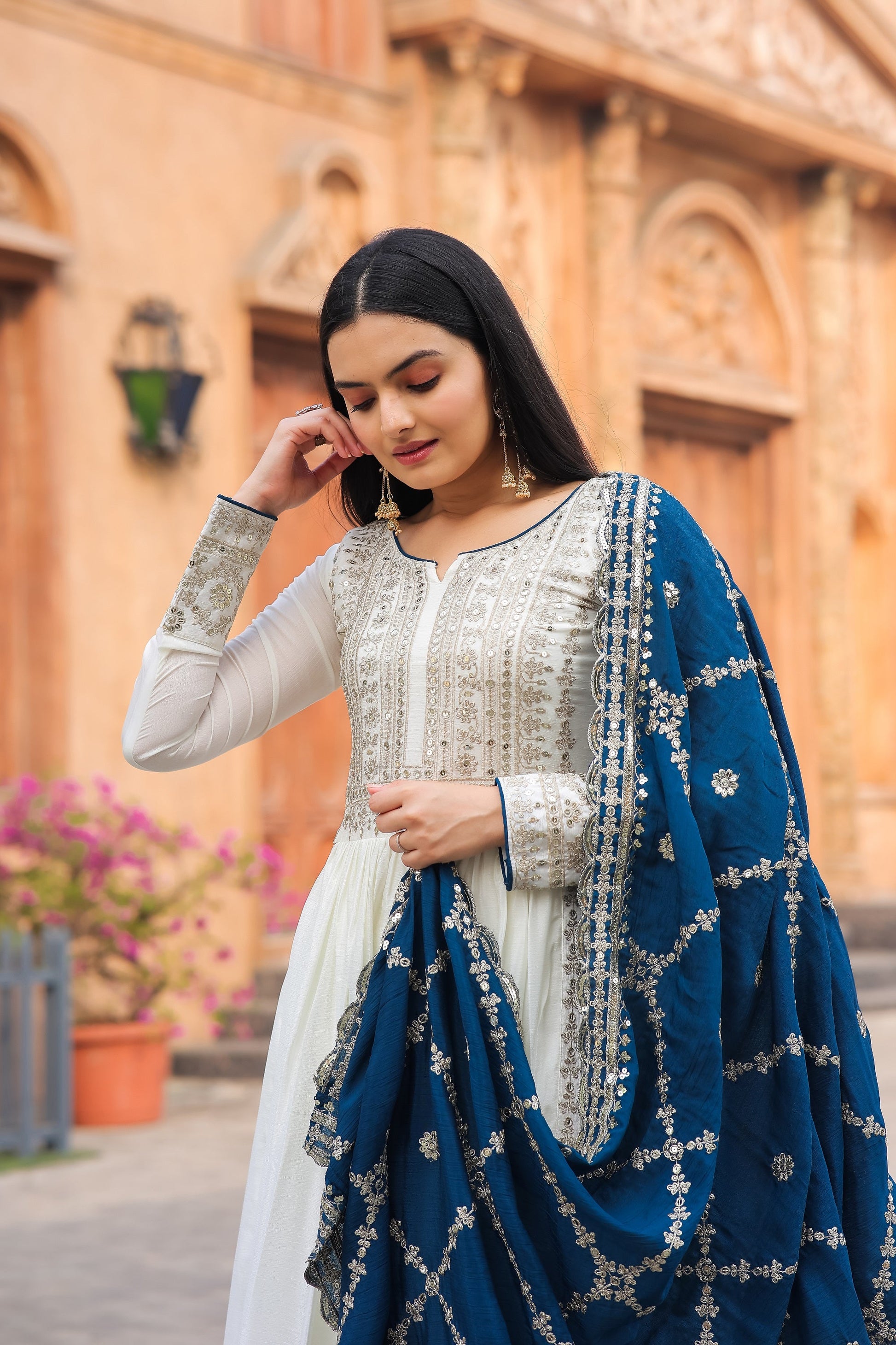 Teeya Creation White Color Chinon Silk Heavy Embroidery Work Fully Stitched Gown