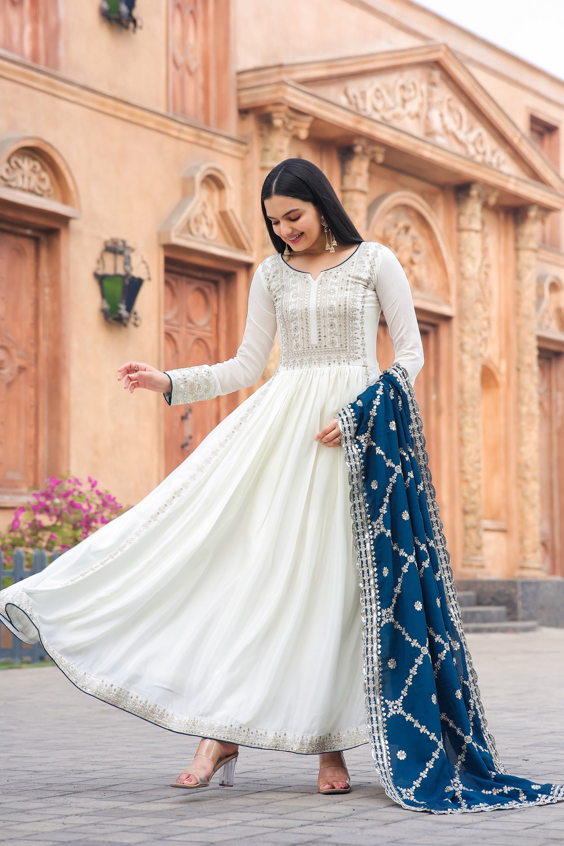 Teeya Creation White Color Chinon Silk Heavy Embroidery Work Fully Stitched Gown