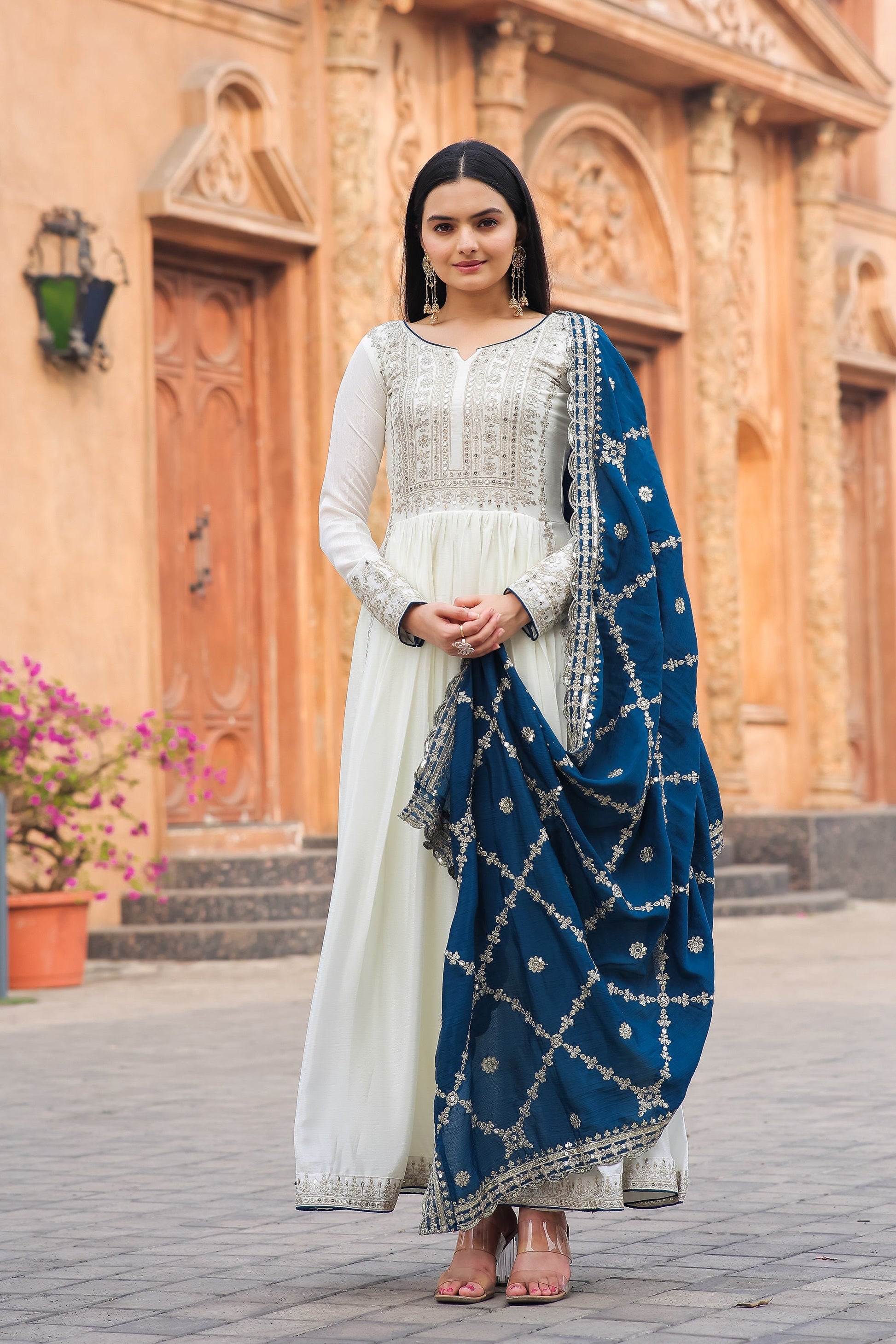 Teeya Creation White Color Chinon Silk Heavy Embroidery Work Fully Stitched Gown