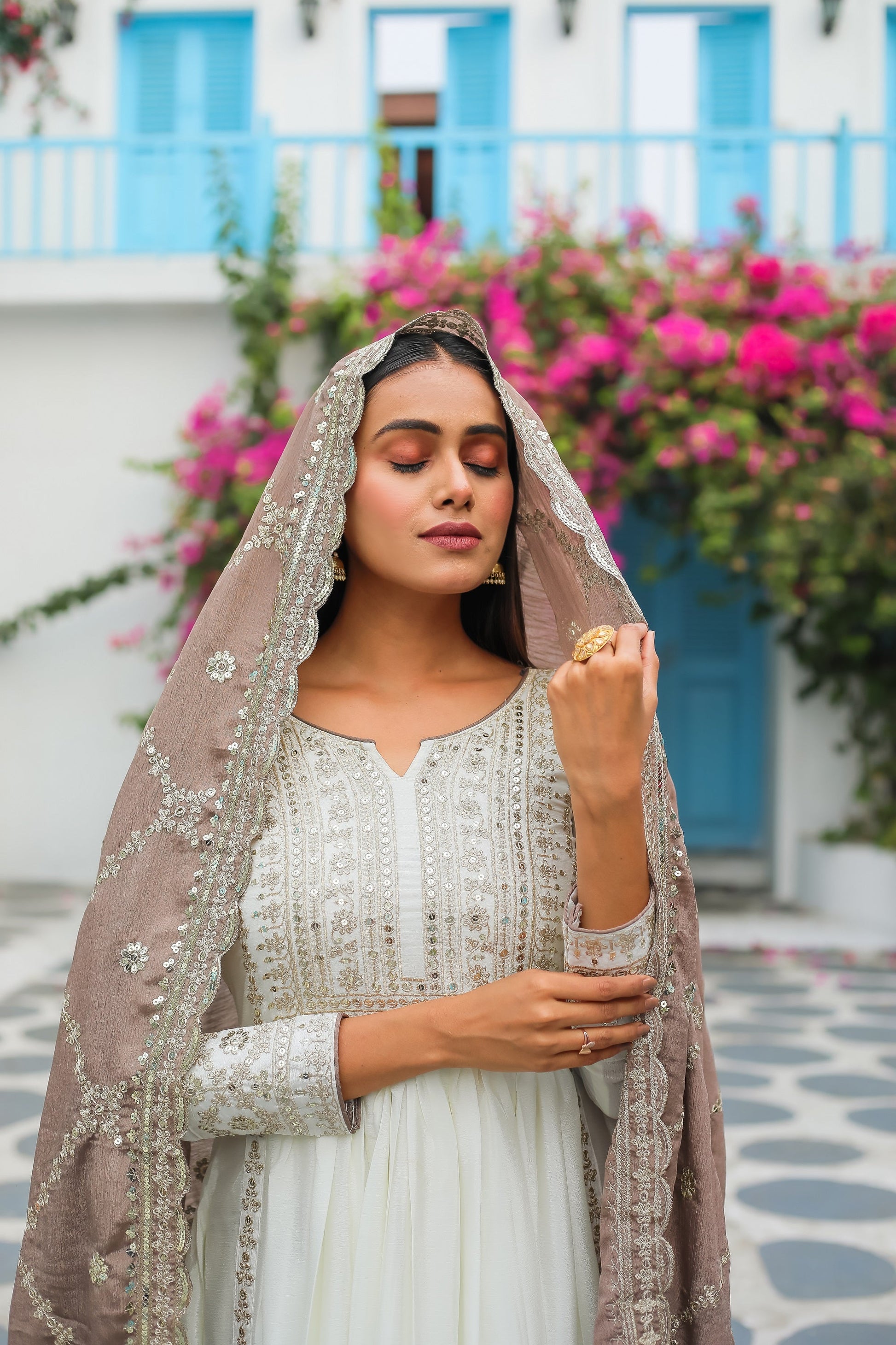 Teeya Creation White Color Chinon Silk Heavy Embroidery Work Fully Stitched Gown