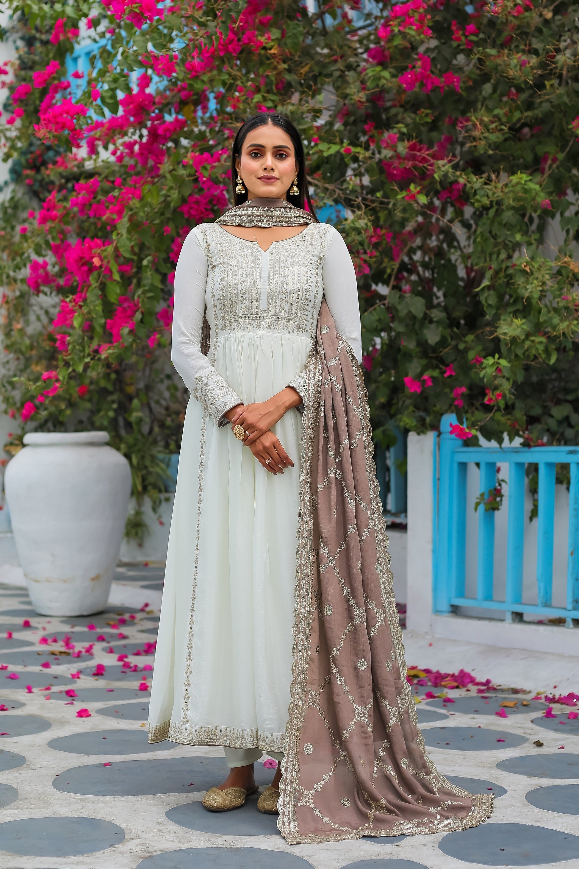 Teeya Creation White Color Chinon Silk Heavy Embroidery Work Fully Stitched Gown