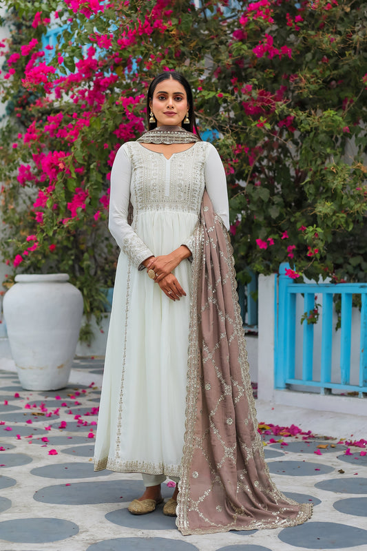 Teeya Creation White Color Chinon Silk Heavy Embroidery Work Fully Stitched Gown