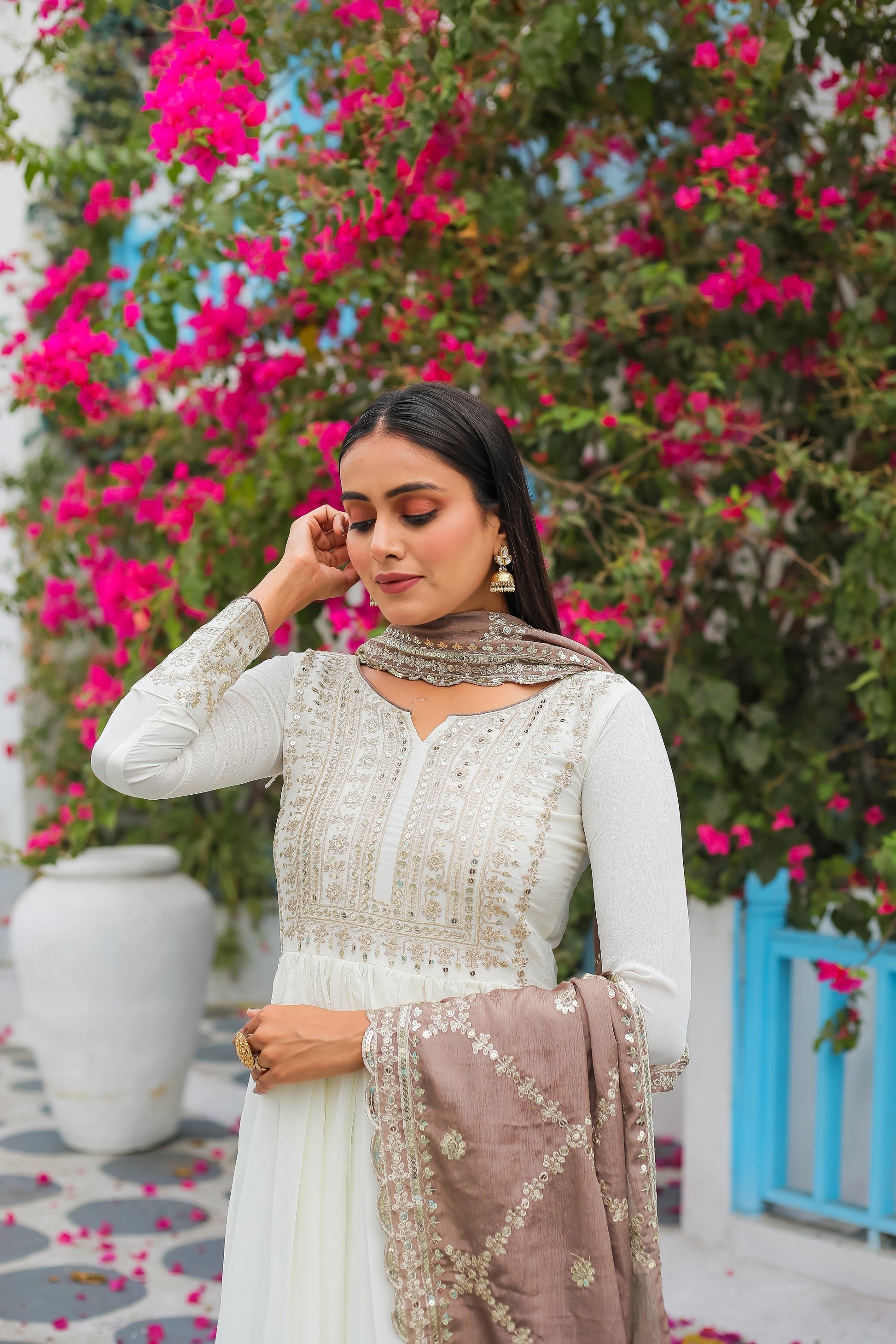 Teeya Creation White Color Chinon Silk Heavy Embroidery Work Fully Stitched Gown