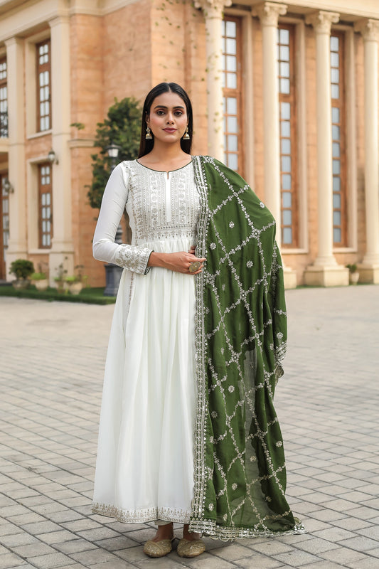 Teeya Creation White Color Chinon Silk Heavy Embroidery Work Fully Stitched Gown