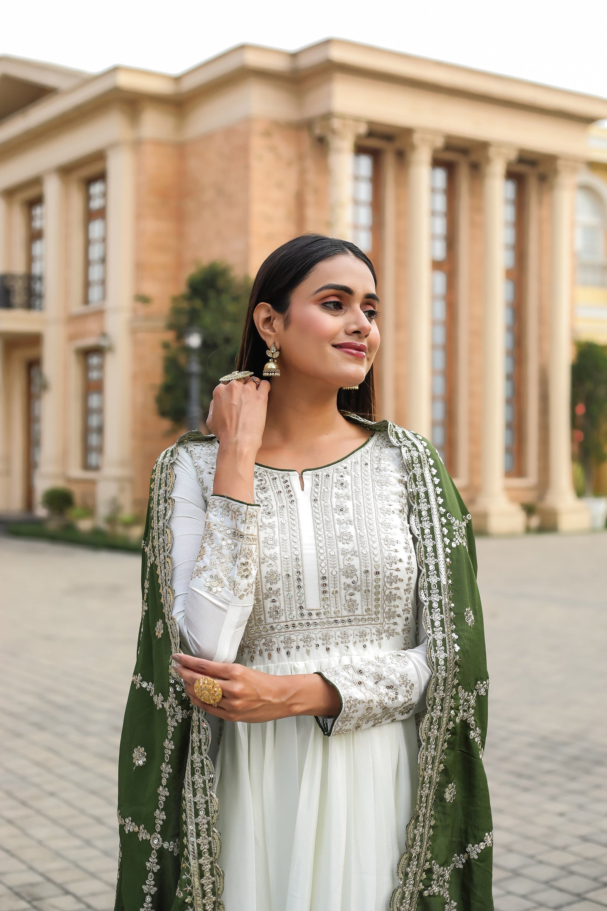 Teeya Creation White Color Chinon Silk Heavy Embroidery Work Fully Stitched Gown