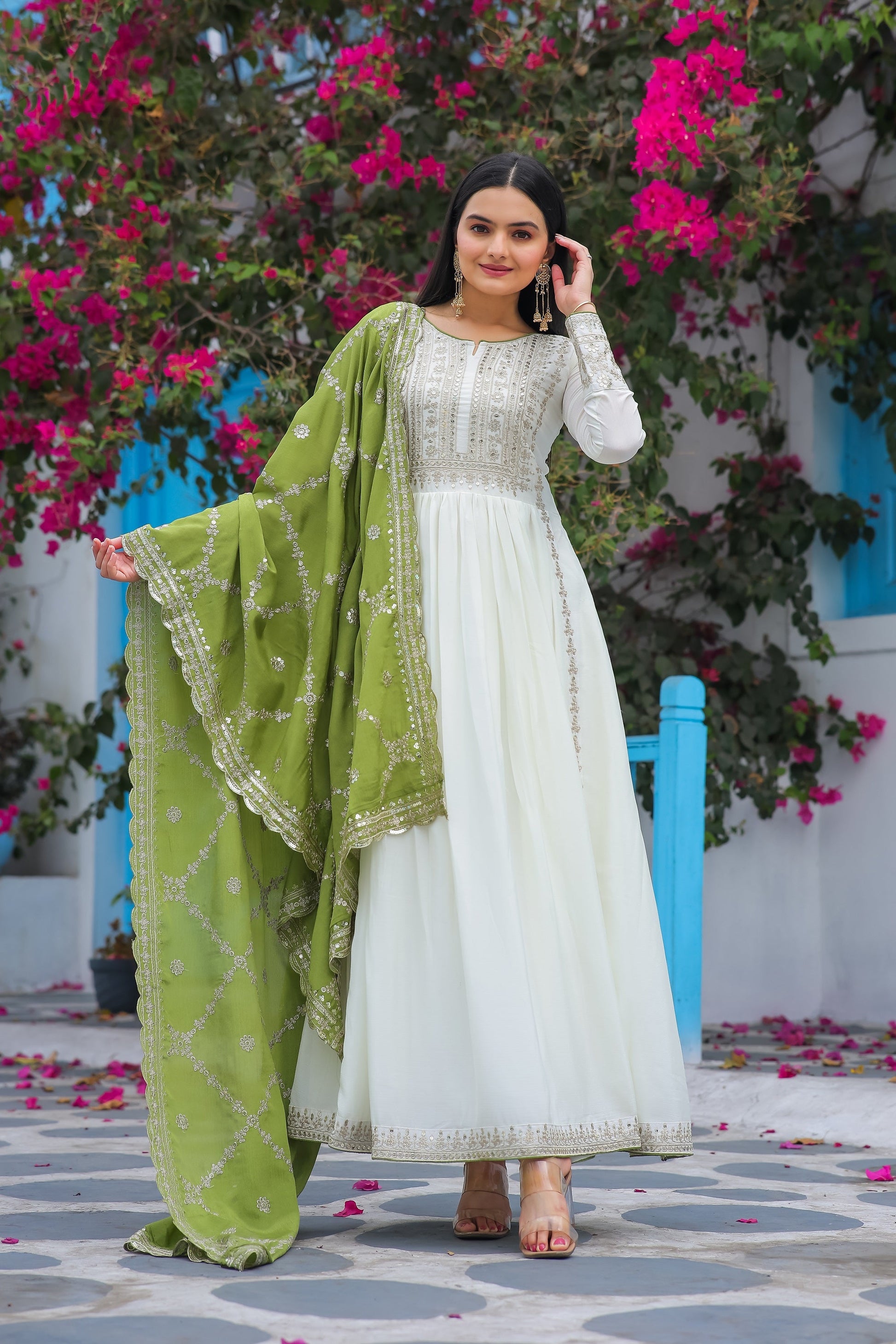 Teeya Creation White Color Chinon Silk Heavy Embroidery Work Fully Stitched Gown