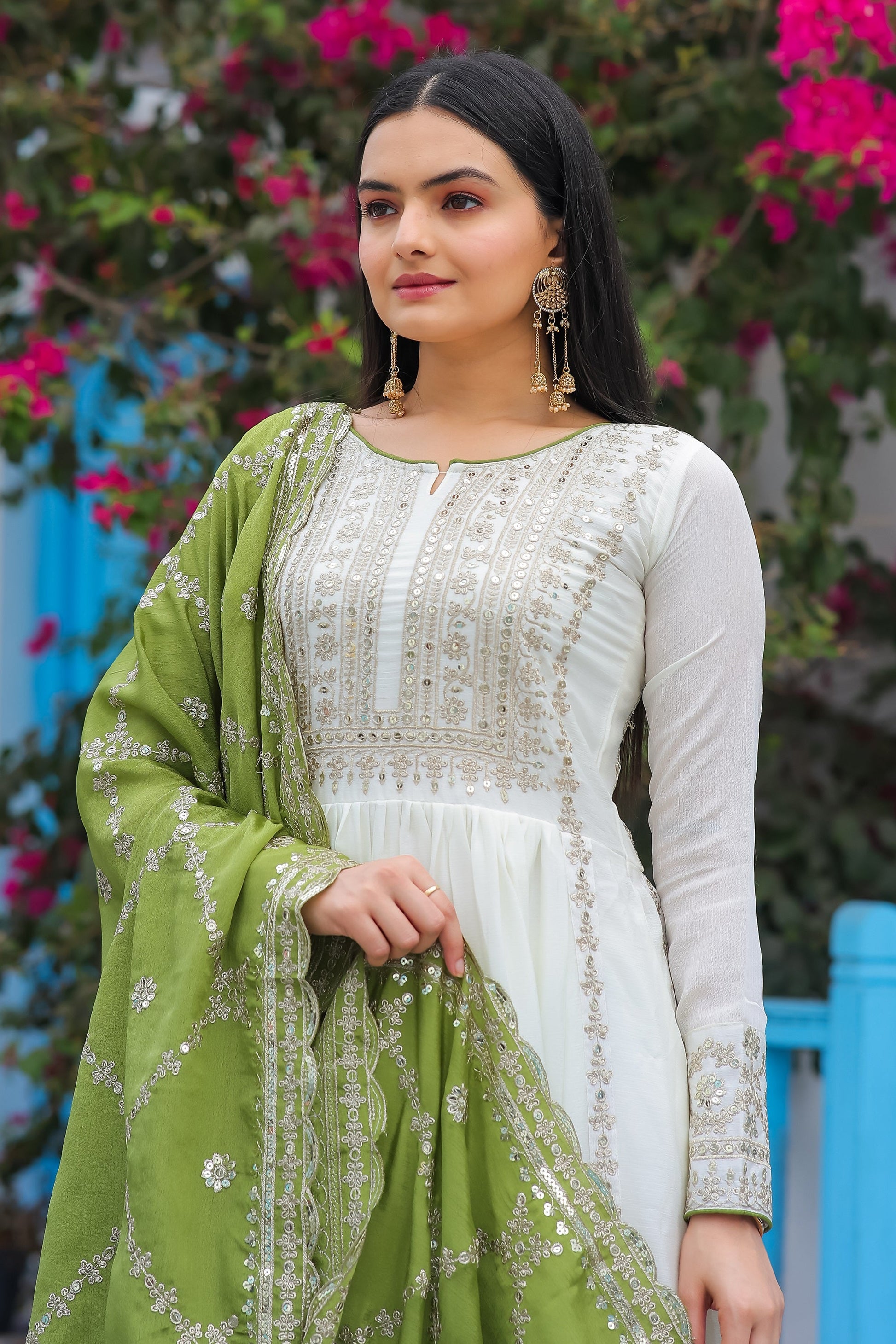 Teeya Creation White Color Chinon Silk Heavy Embroidery Work Fully Stitched Gown