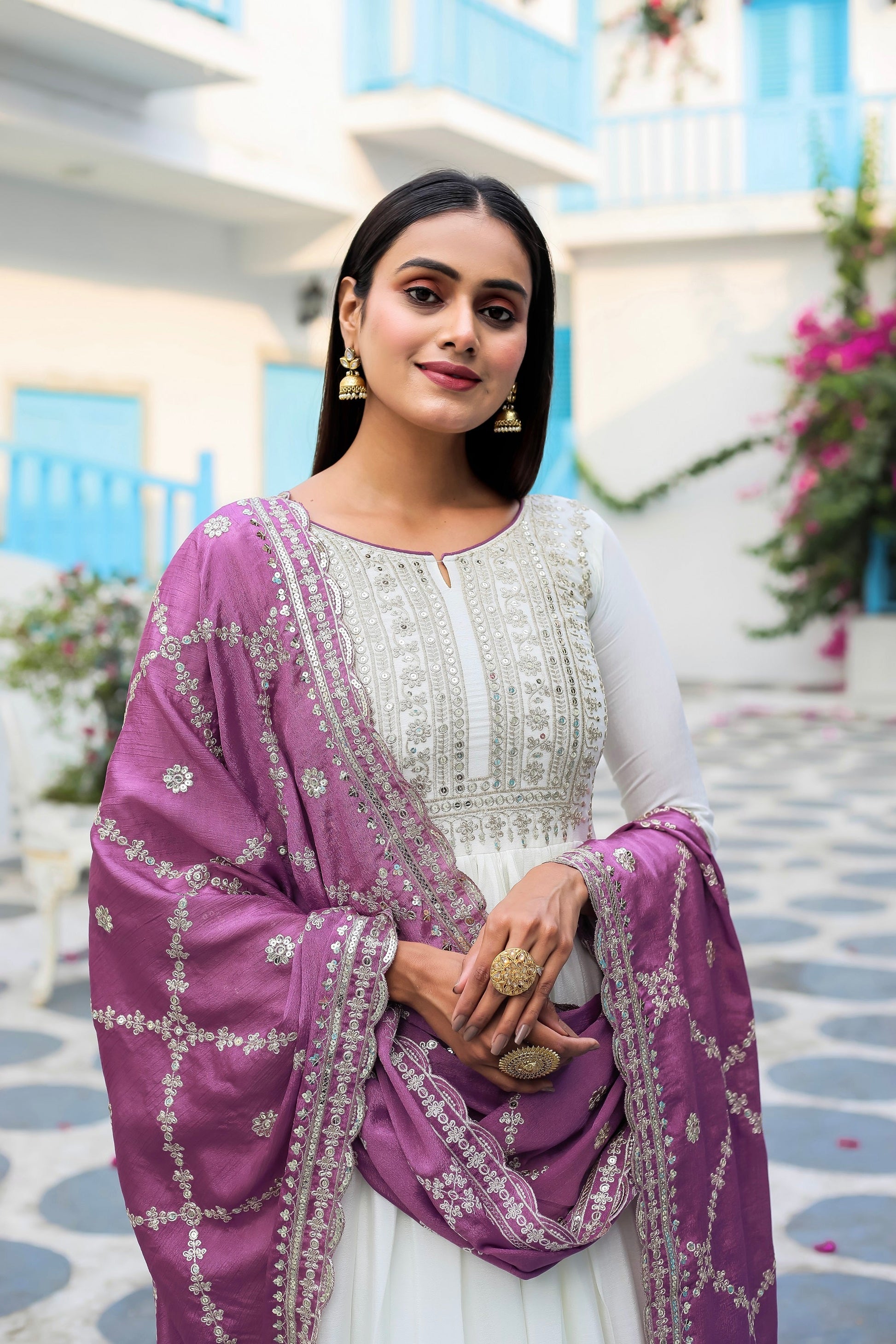 Teeya Creation White Color Chinon Silk Heavy Embroidery Work Fully Stitched Gown