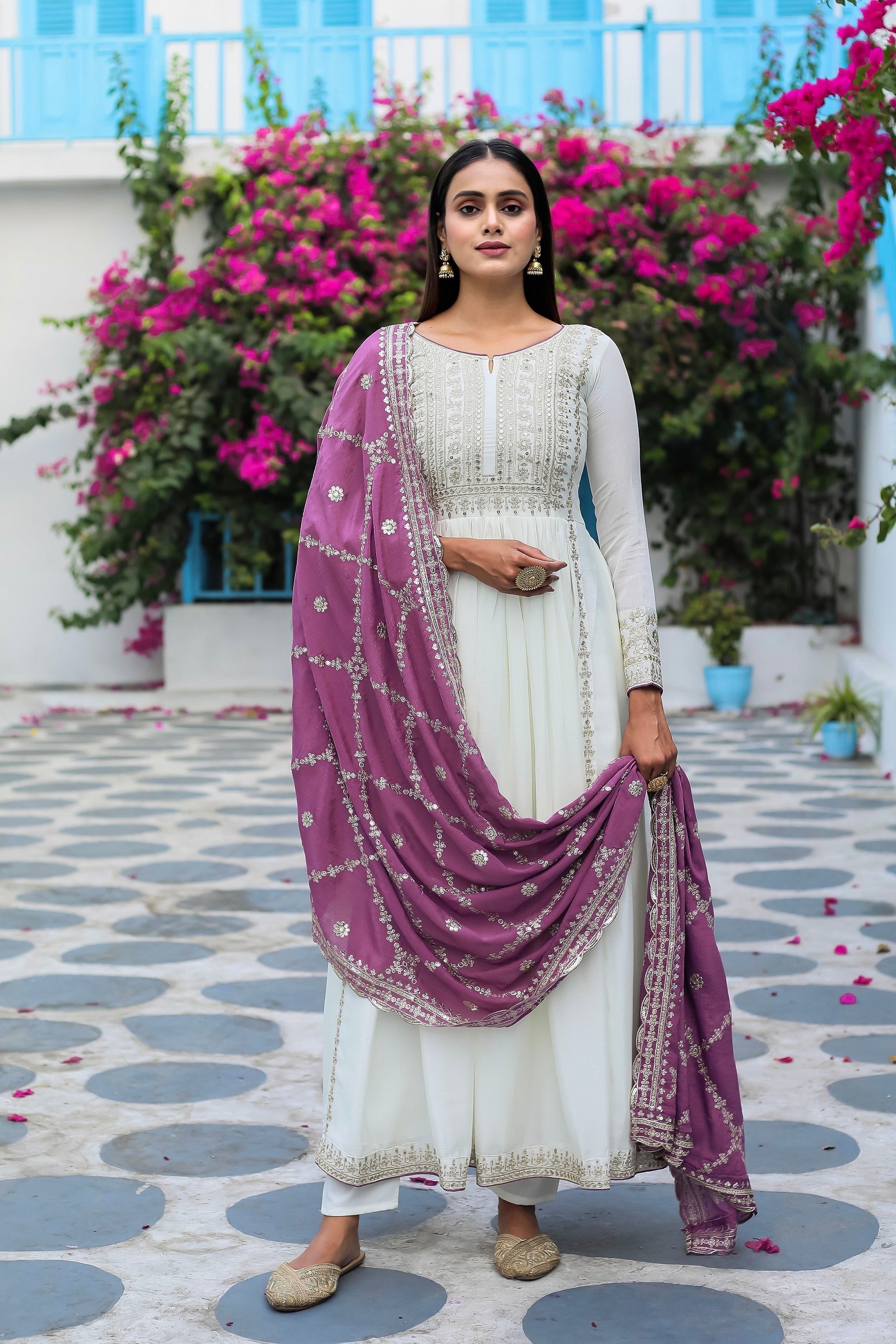 Teeya Creation White Color Chinon Silk Heavy Embroidery Work Fully Stitched Gown