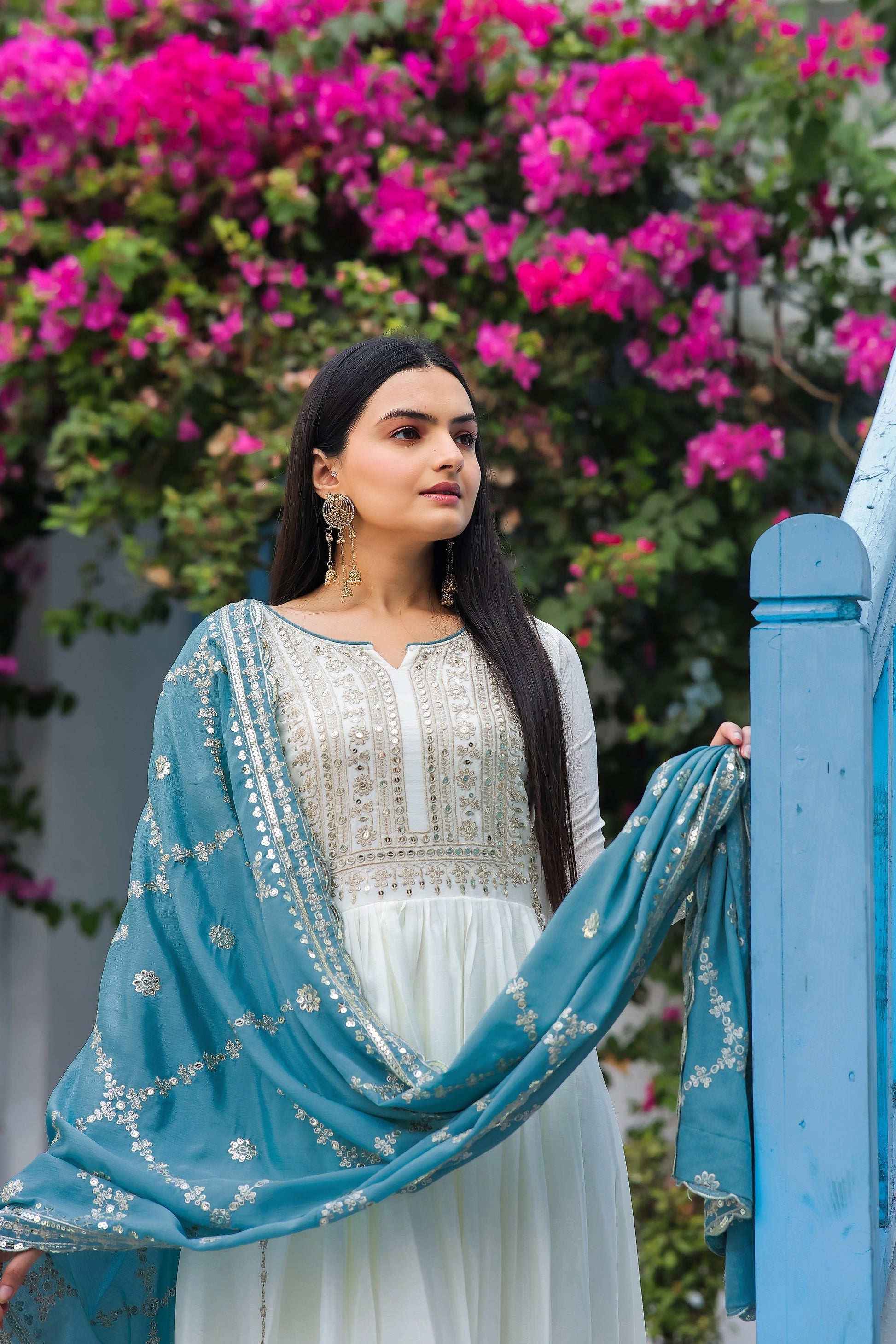 Teeya Creation White Color Chinon Silk Heavy Embroidery Work Fully Stitched Gown