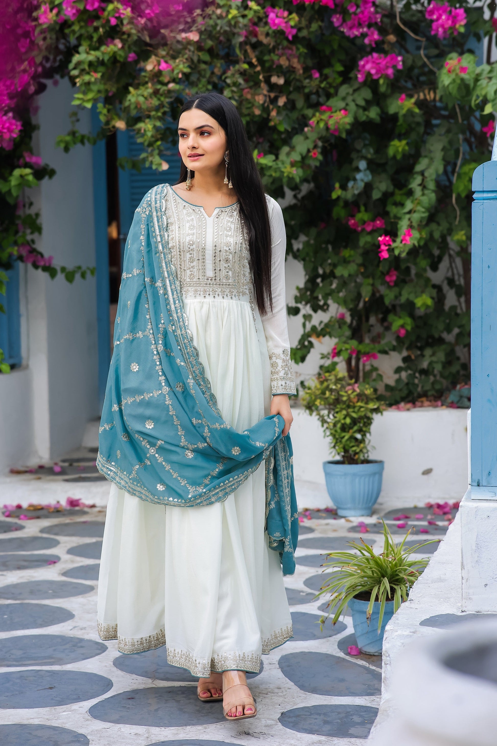 Teeya Creation White Color Chinon Silk Heavy Embroidery Work Fully Stitched Gown