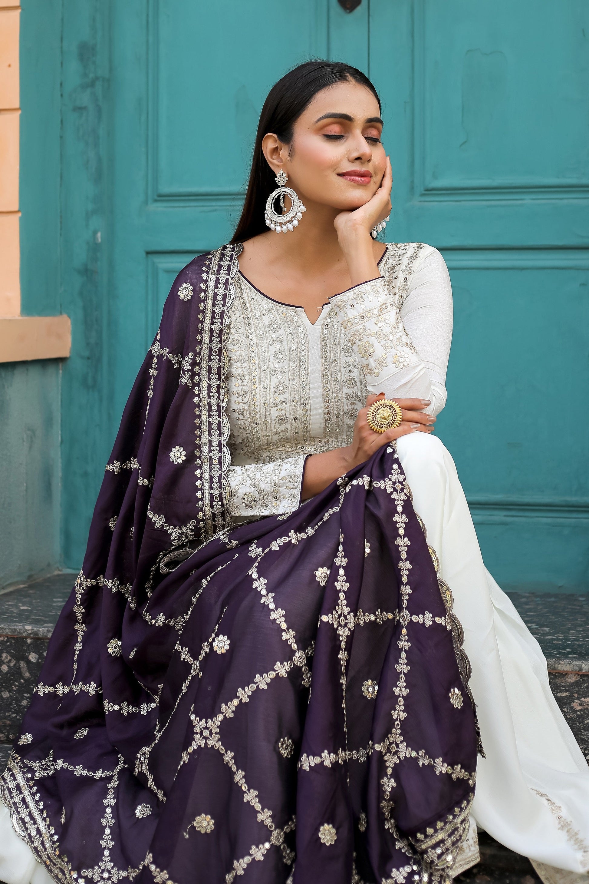 Teeya Creation White Color Chinon Silk Heavy Embroidery Work Fully Stitched Gown