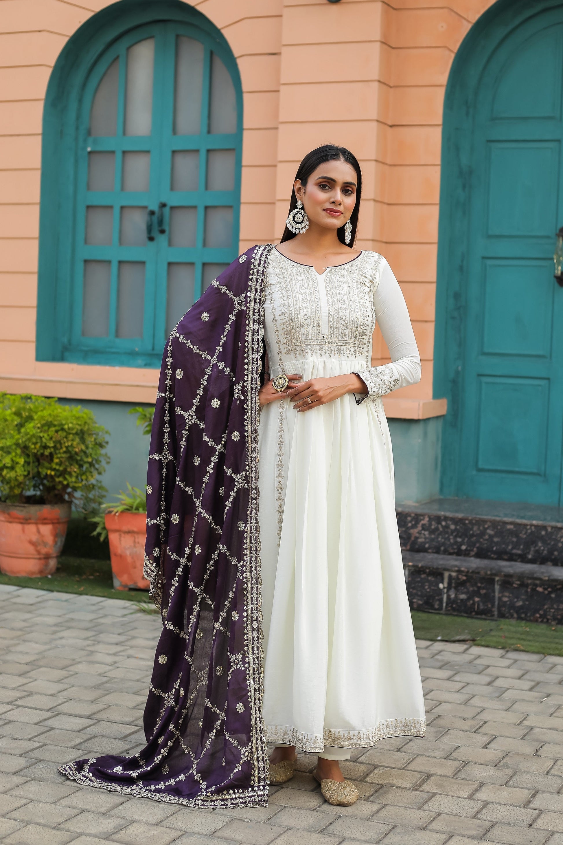 Teeya Creation White Color Chinon Silk Heavy Embroidery Work Fully Stitched Gown