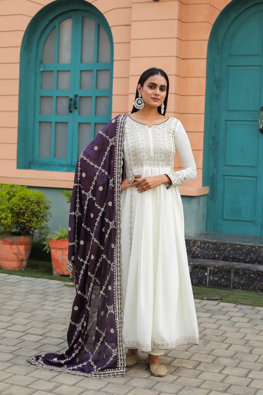 Teeya Creation White Color Chinon Silk Heavy Embroidery Work Fully Stitched Gown