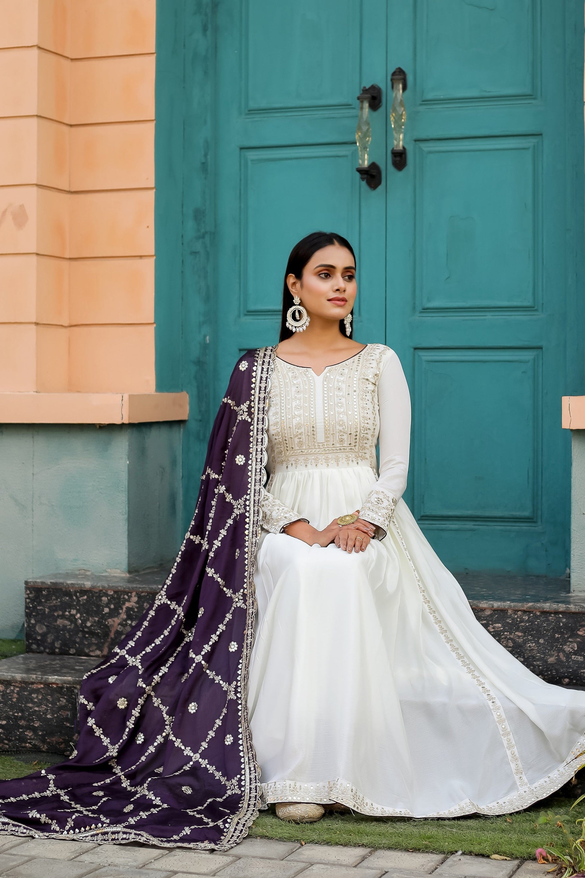 Teeya Creation White Color Chinon Silk Heavy Embroidery Work Fully Stitched Gown