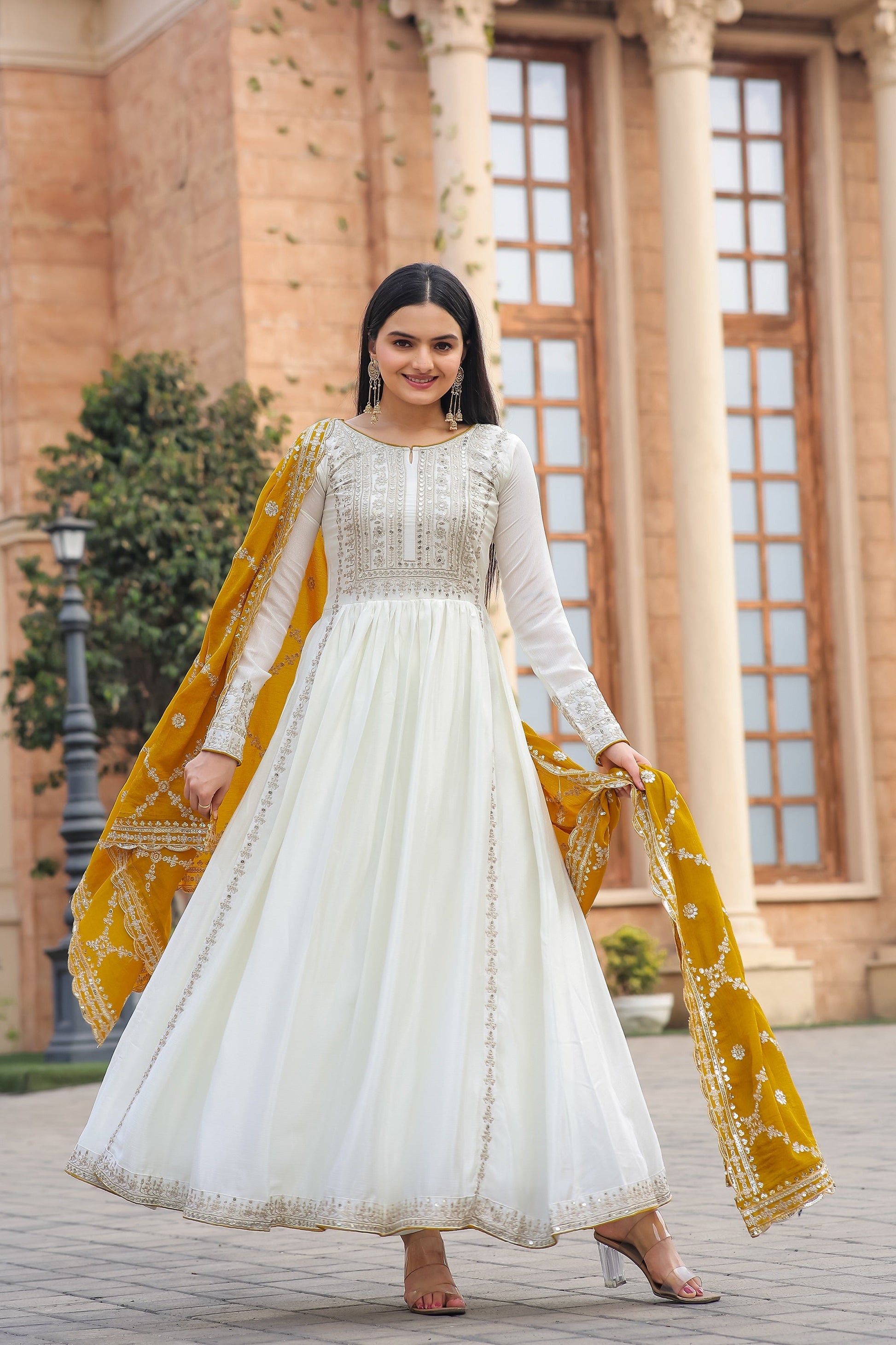 Teeya Creation White Color Chinon Silk Heavy Embroidery Work Fully Stitched Gown
