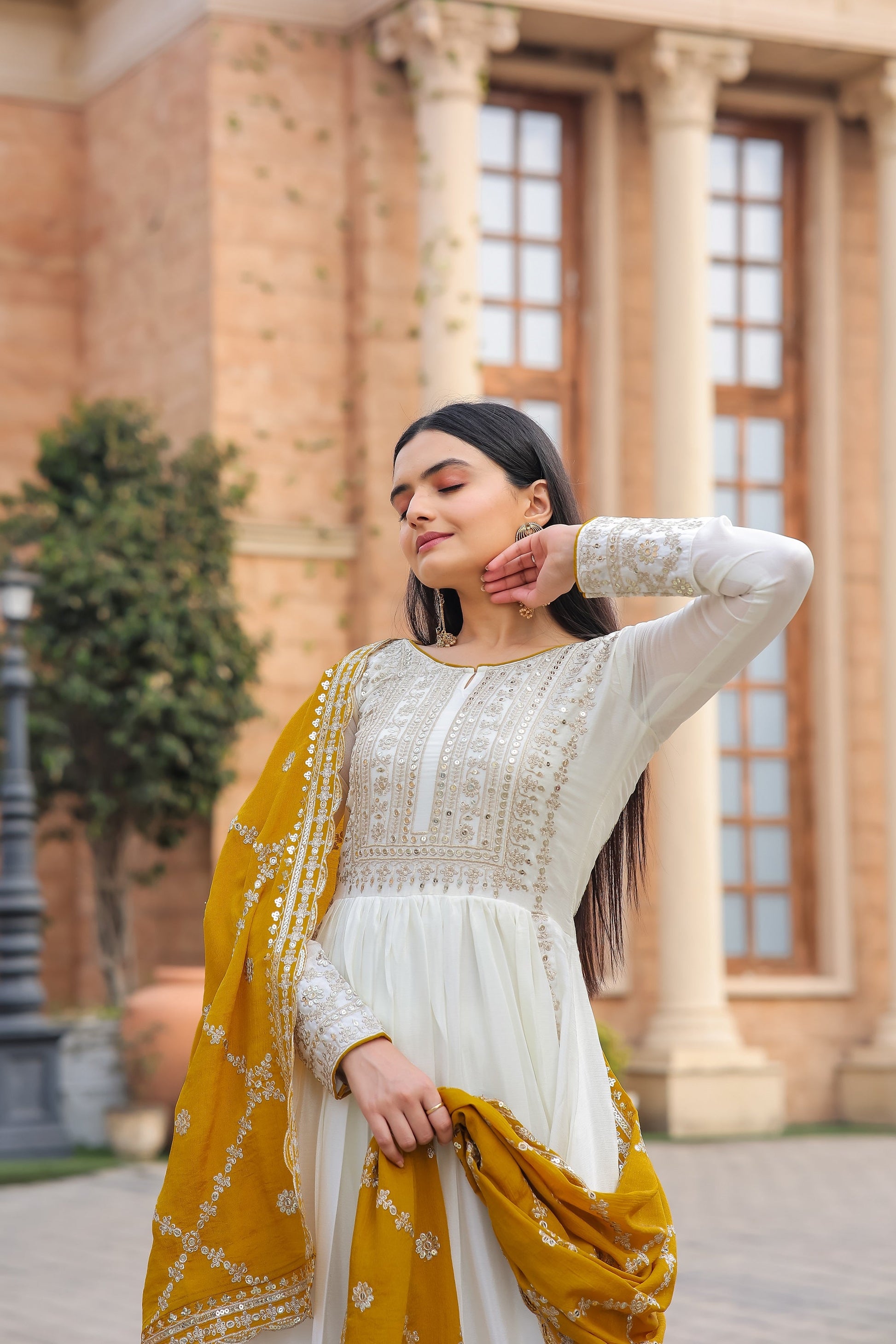 Teeya Creation White Color Chinon Silk Heavy Embroidery Work Fully Stitched Gown