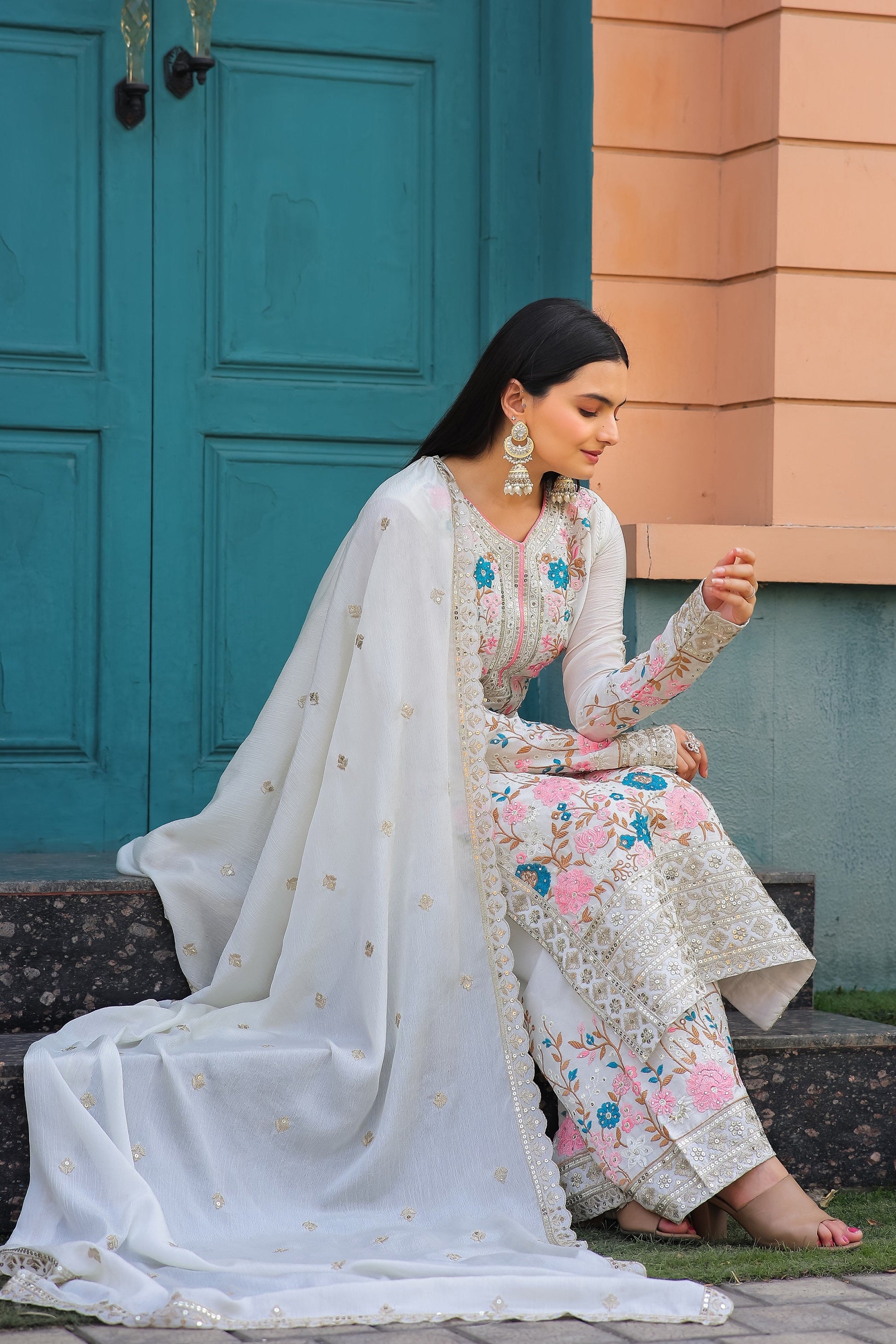 Teeya Creation White Color Chinon Silk Heavy Embroidery Work Fully Stitched Salwar Suit