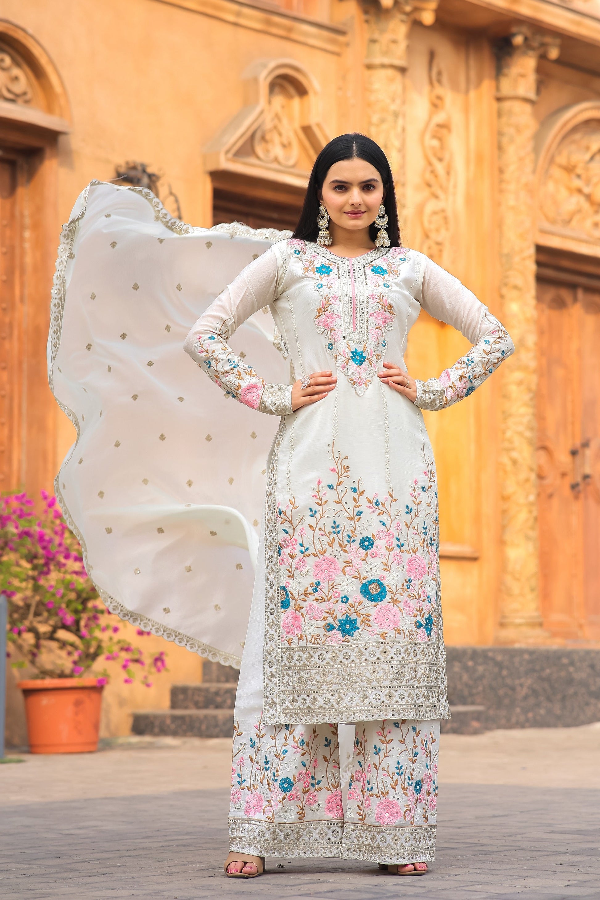 Teeya Creation White Color Chinon Silk Heavy Embroidery Work Fully Stitched Salwar Suit