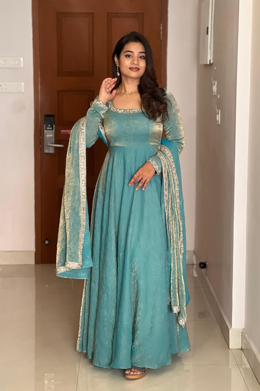 Teeya Creation Turquoise Colour Fendy Silk Two Ton Fully Stitched Gown