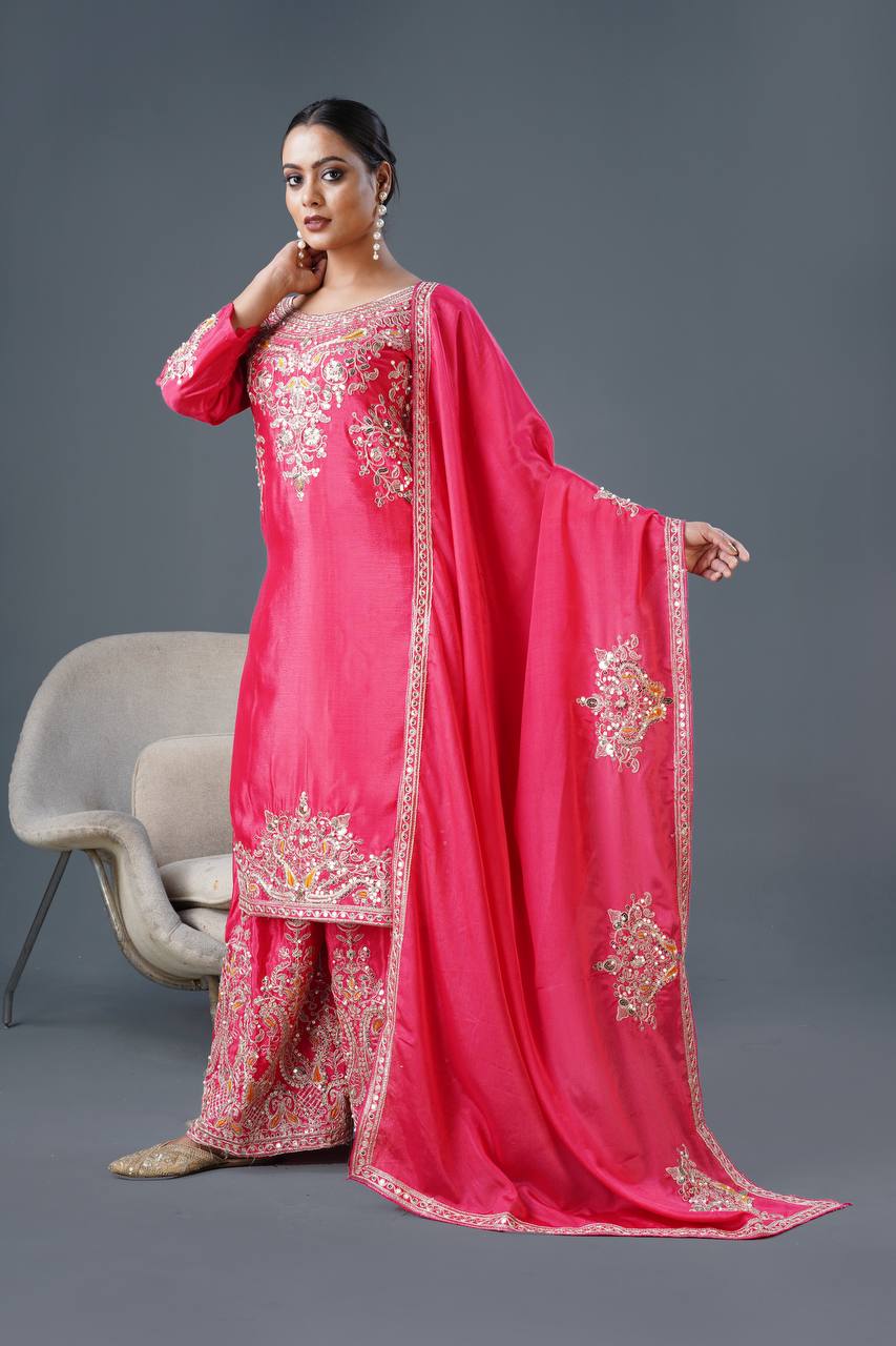Teeya Creation Pink Colour Chinnon Silk Heavy Embroidery Work Fully Stitched Palazzo Pair