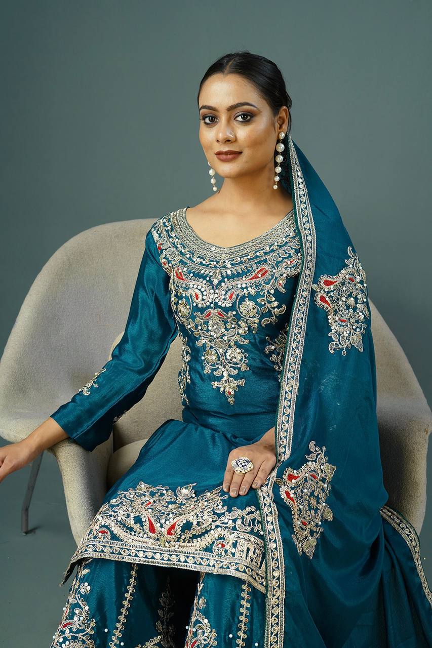 Teeya Creation Teal Colour Chinnon Silk Heavy Embroidery Work Fully Stitched Palazzo Pair