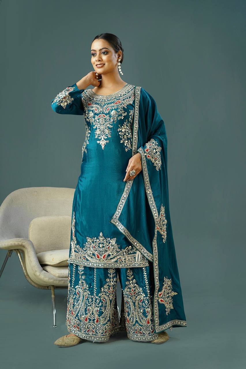 Teeya Creation Teal Colour Chinnon Silk Heavy Embroidery Work Fully Stitched Palazzo Pair